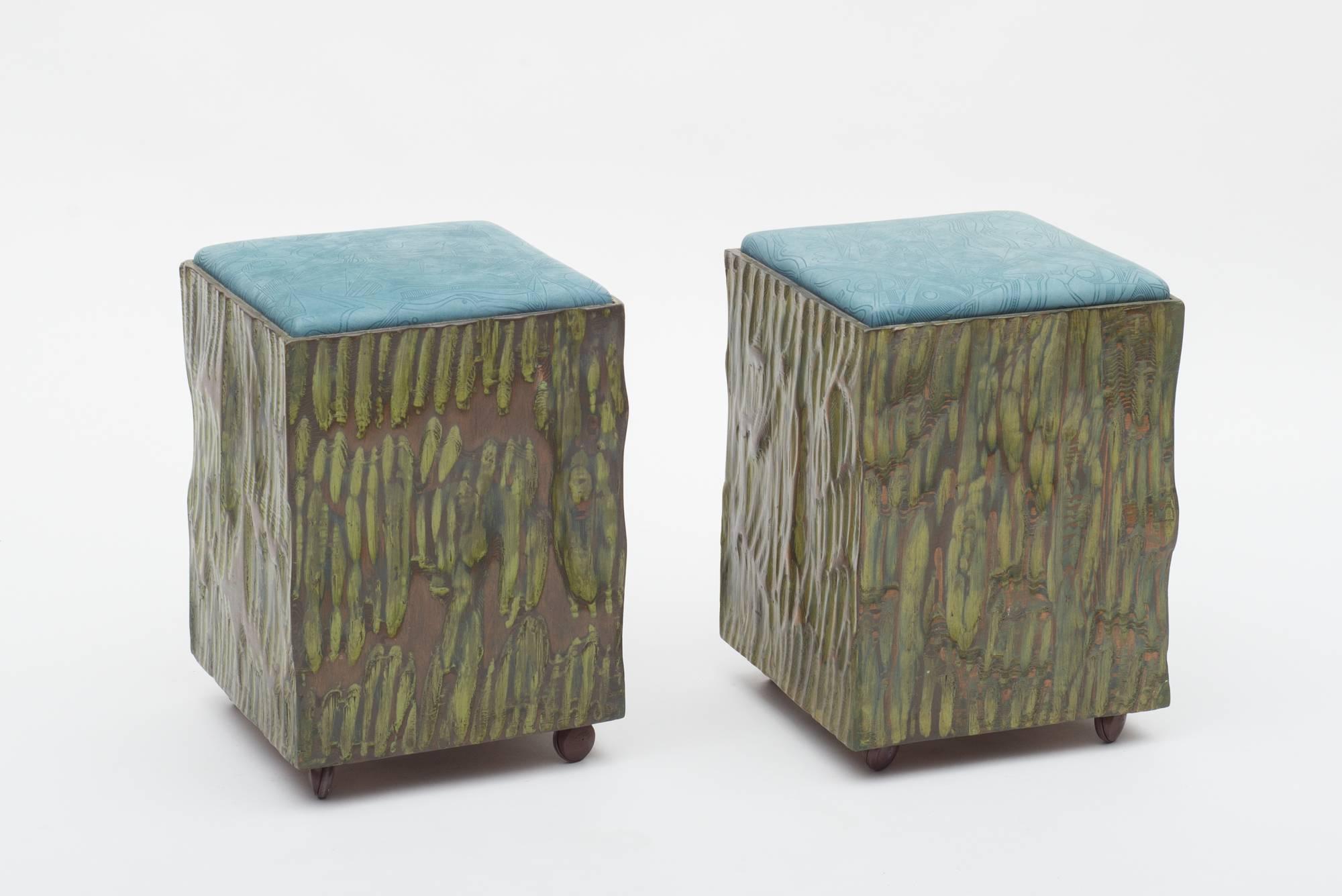 An extraordinary pair of handcrafted stools by the hands of the unique master woodcrafter Phillip Lloyd Powell.