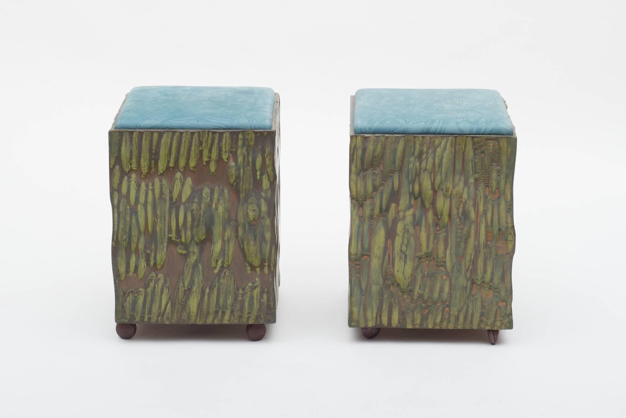 Mid-Century Modern Phillip Lloyd Powell Painted Hand Carved Stools with Abstract Patterned Textile