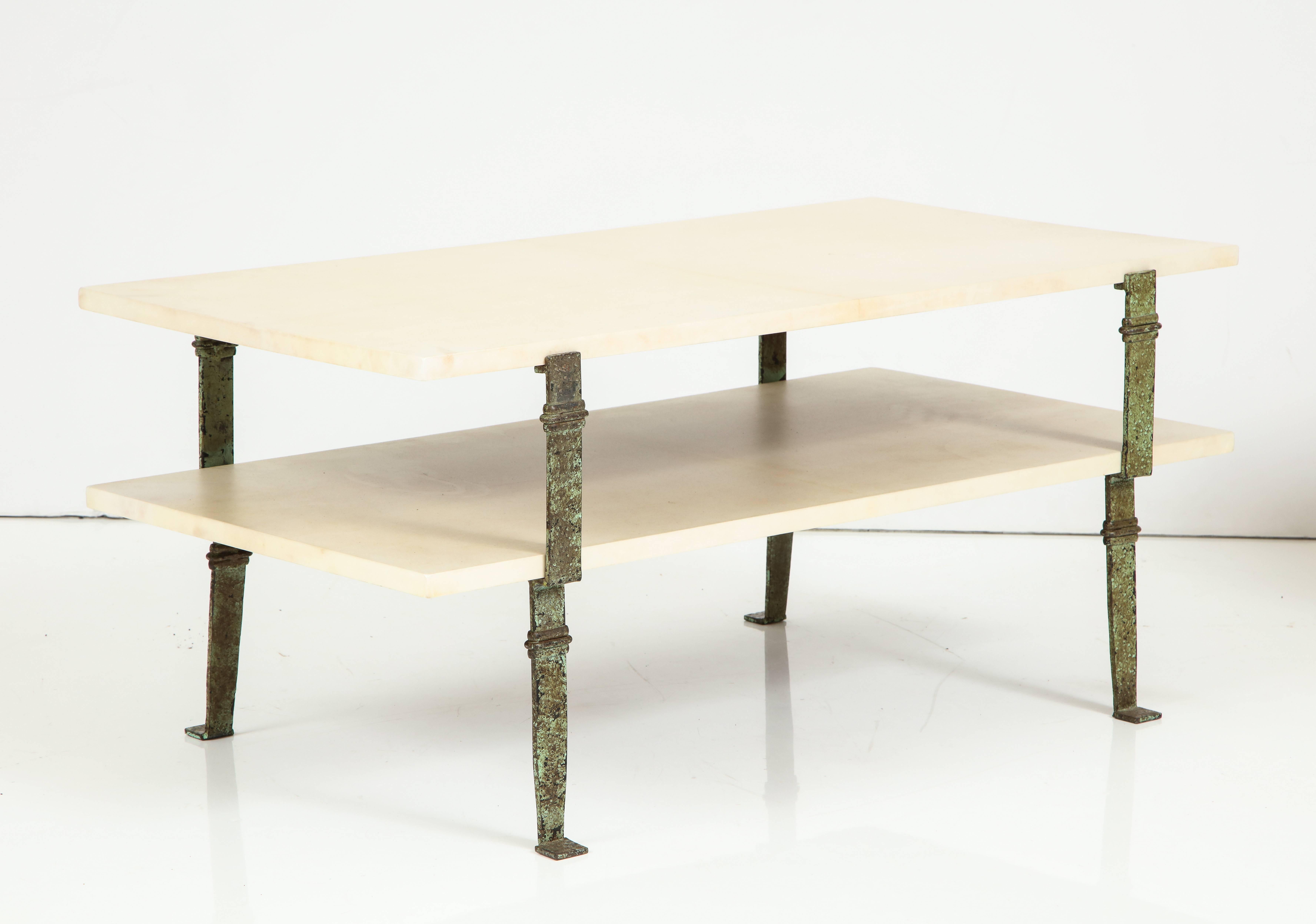 French Maurice Vignon Tierd Goatskin Parchment Coffee Table with Patinated Metal Legs