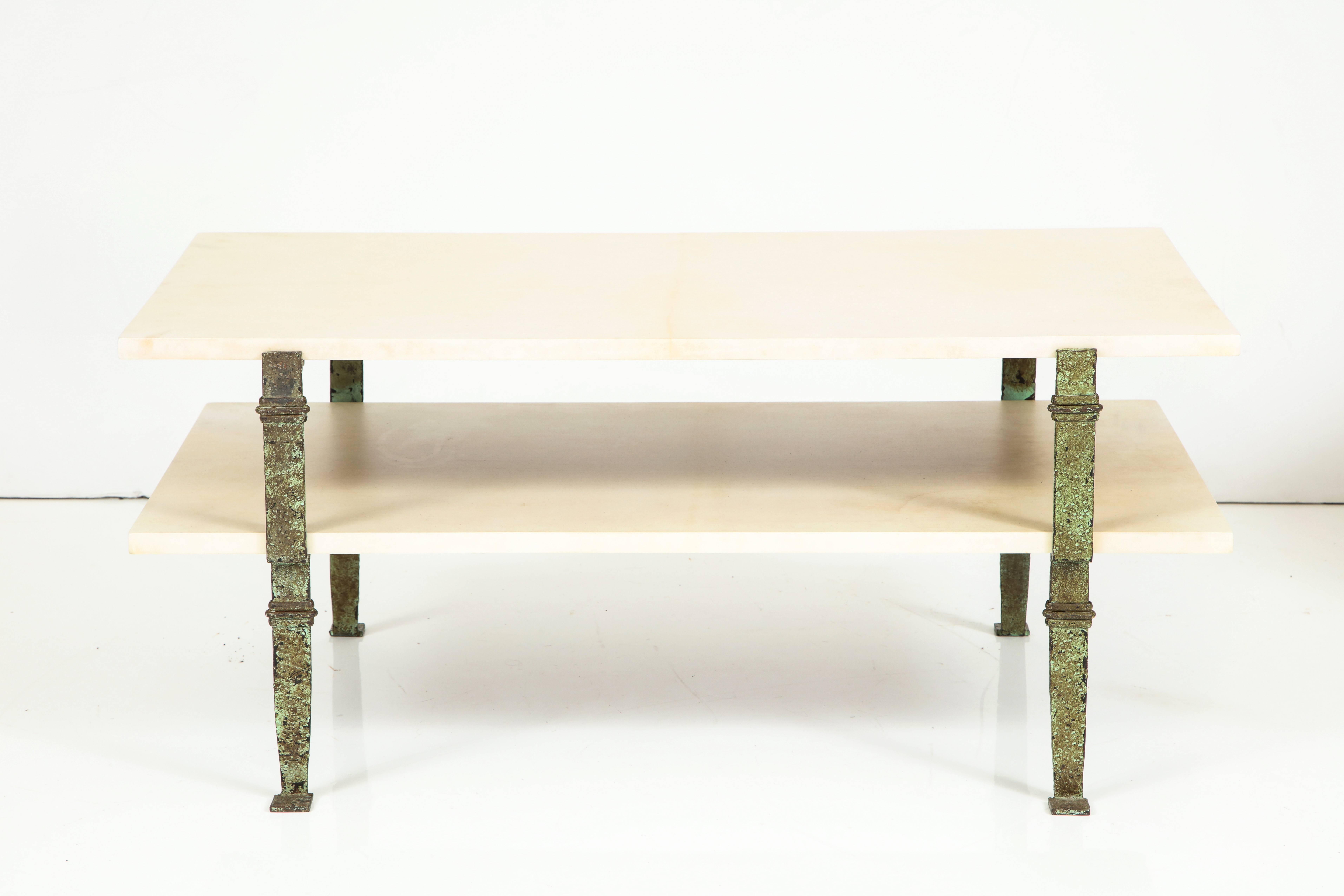 Mid-20th Century Maurice Vignon Tierd Goatskin Parchment Coffee Table with Patinated Metal Legs