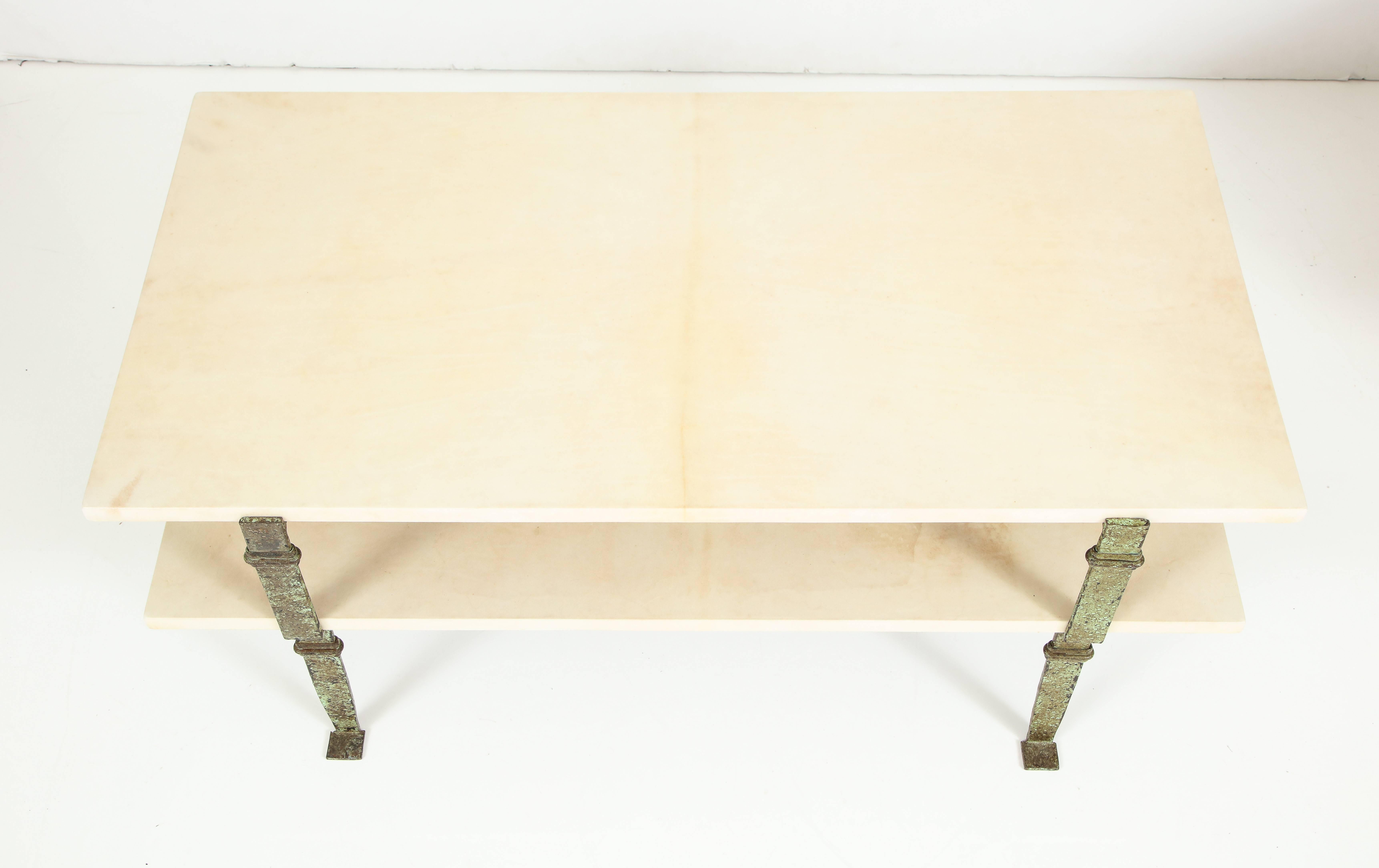 Maurice Vignon Tierd Goatskin Parchment Coffee Table with Patinated Metal Legs 1