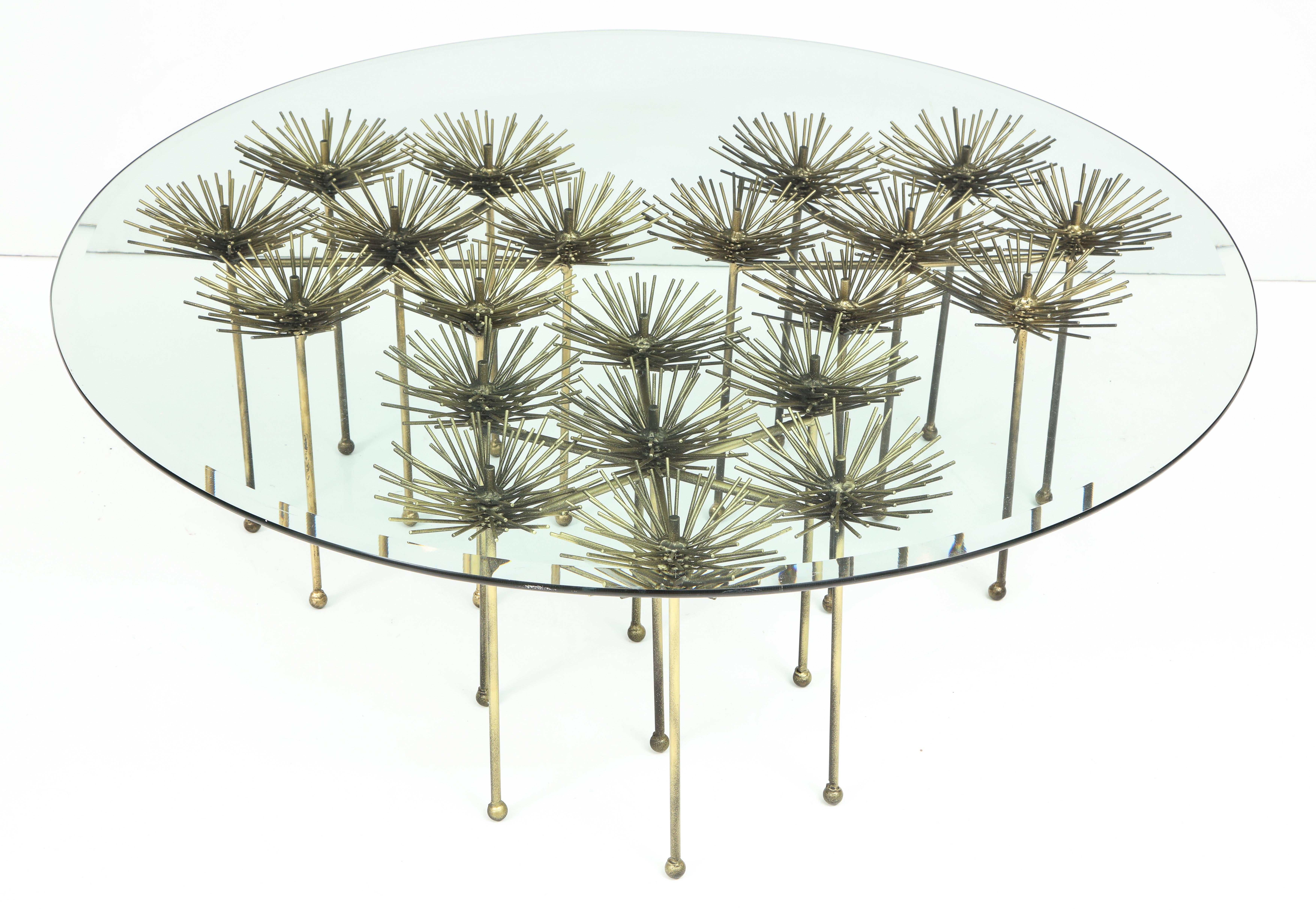 Mid-Century Modern Brutalist Gilt Floral Table with Glass Top in the Manner of Seandel or Jere