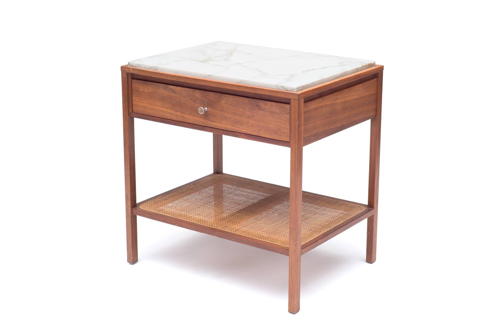 Mid-Century Modern Harvey Probber Marble-Top and Cane End Tables or Nightstands with Single Drawer