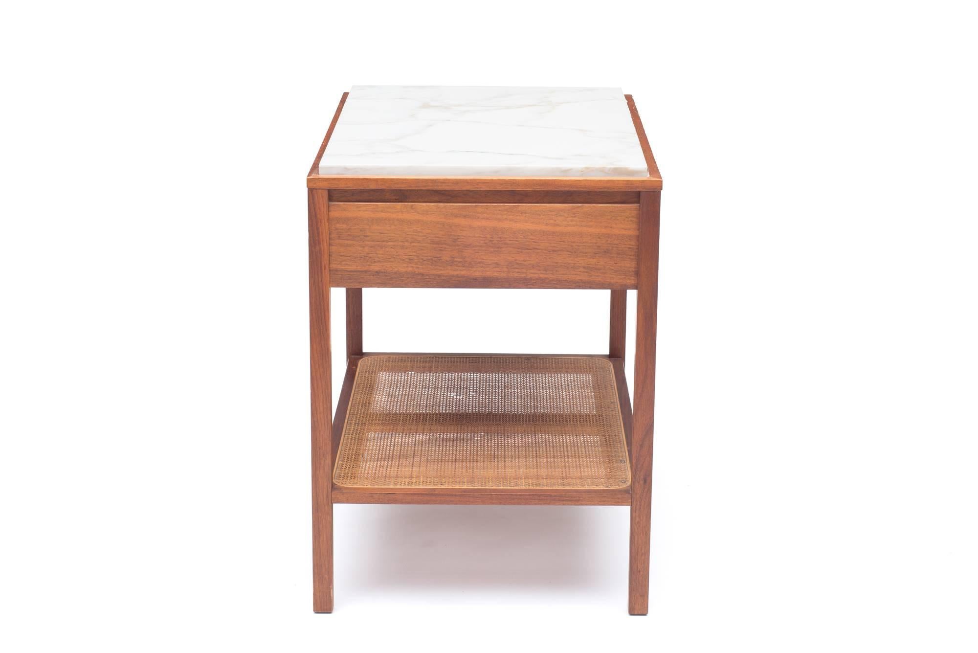 American Harvey Probber Marble-Top and Cane End Tables or Nightstands with Single Drawer