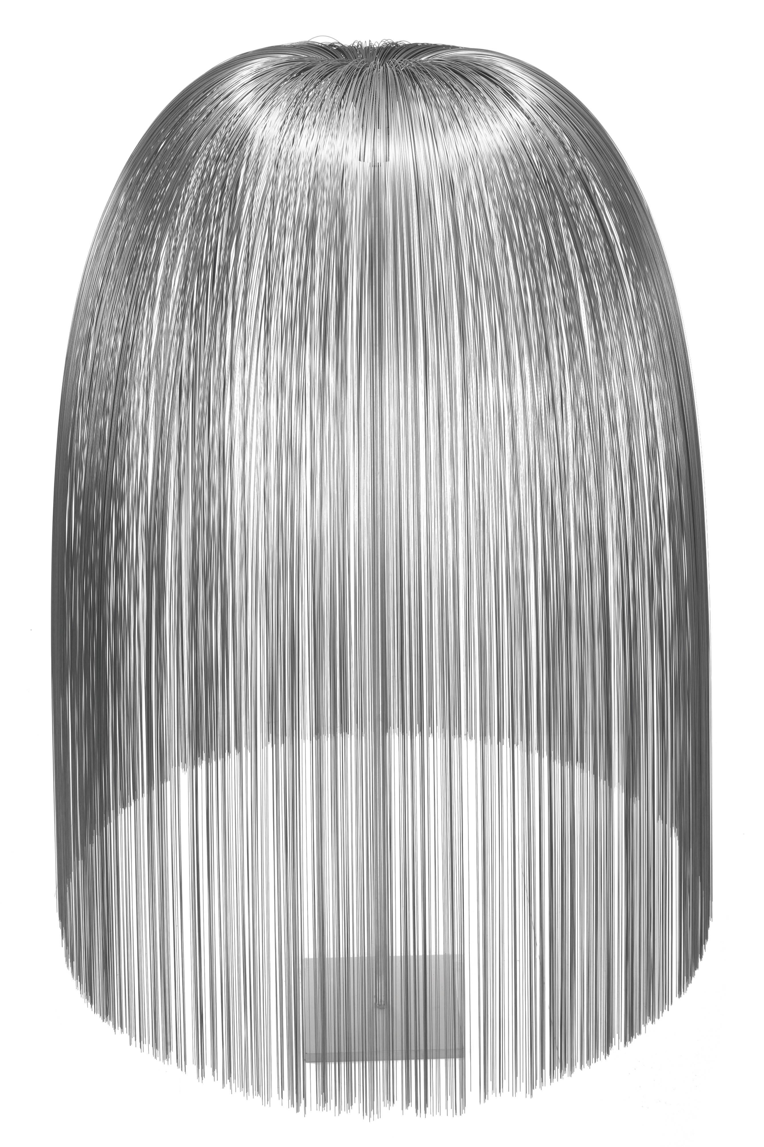 A heavy stainless steel base and pole support a spray of hundreds of delicate stainless wires, arcing from the center creating a graceful drape of steel. One of Bertoia's most celebrated and desirable creations inspired by the willow trees on