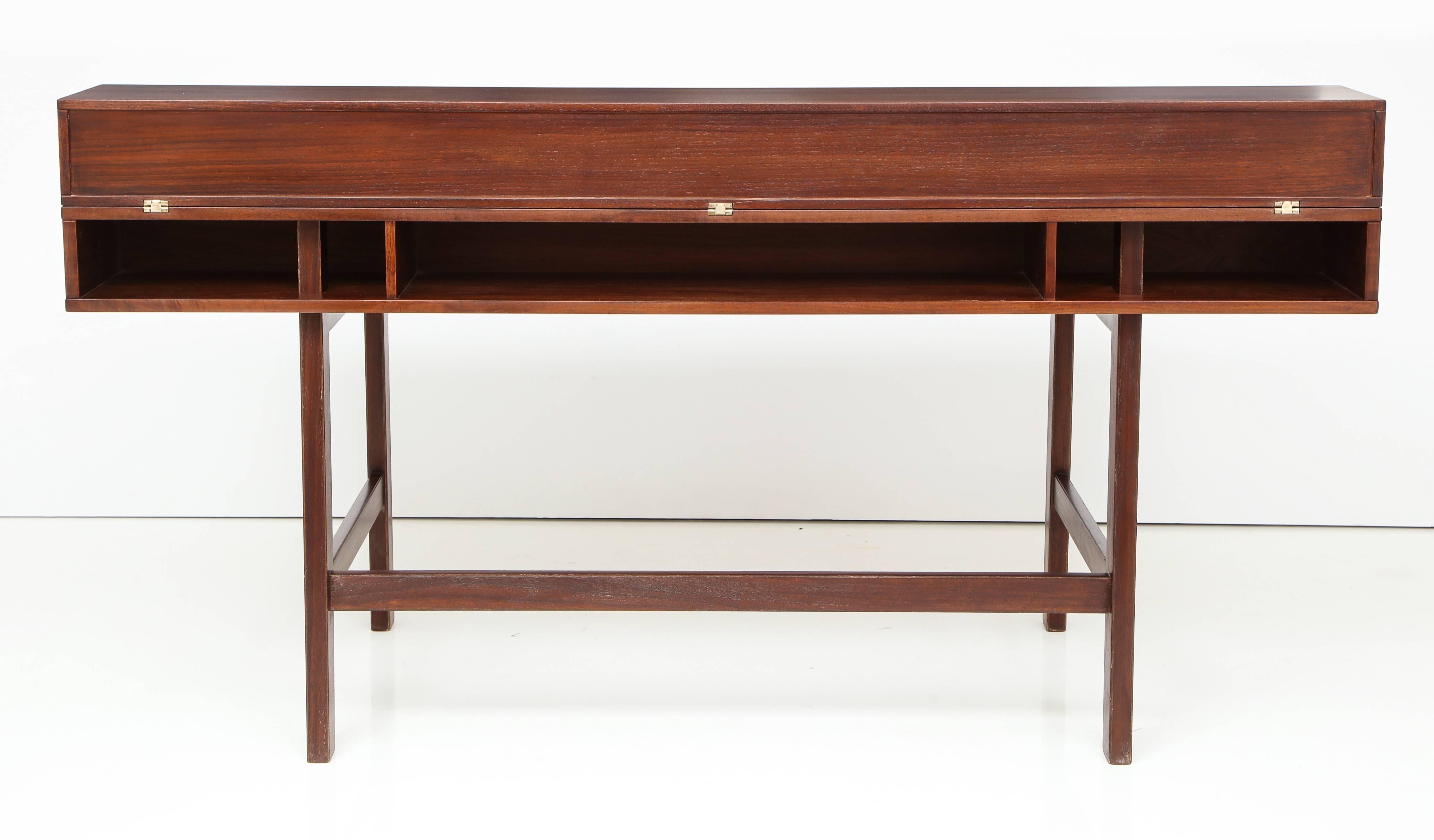 Brass Jens Quistgaard Teak Flip Top Desk for Peter Løvig Nielsen, Denmark, 1970s