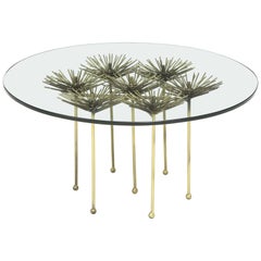 Brutalist Gilt Floral Table with Glass Top in the Manner of Seandel or Jere