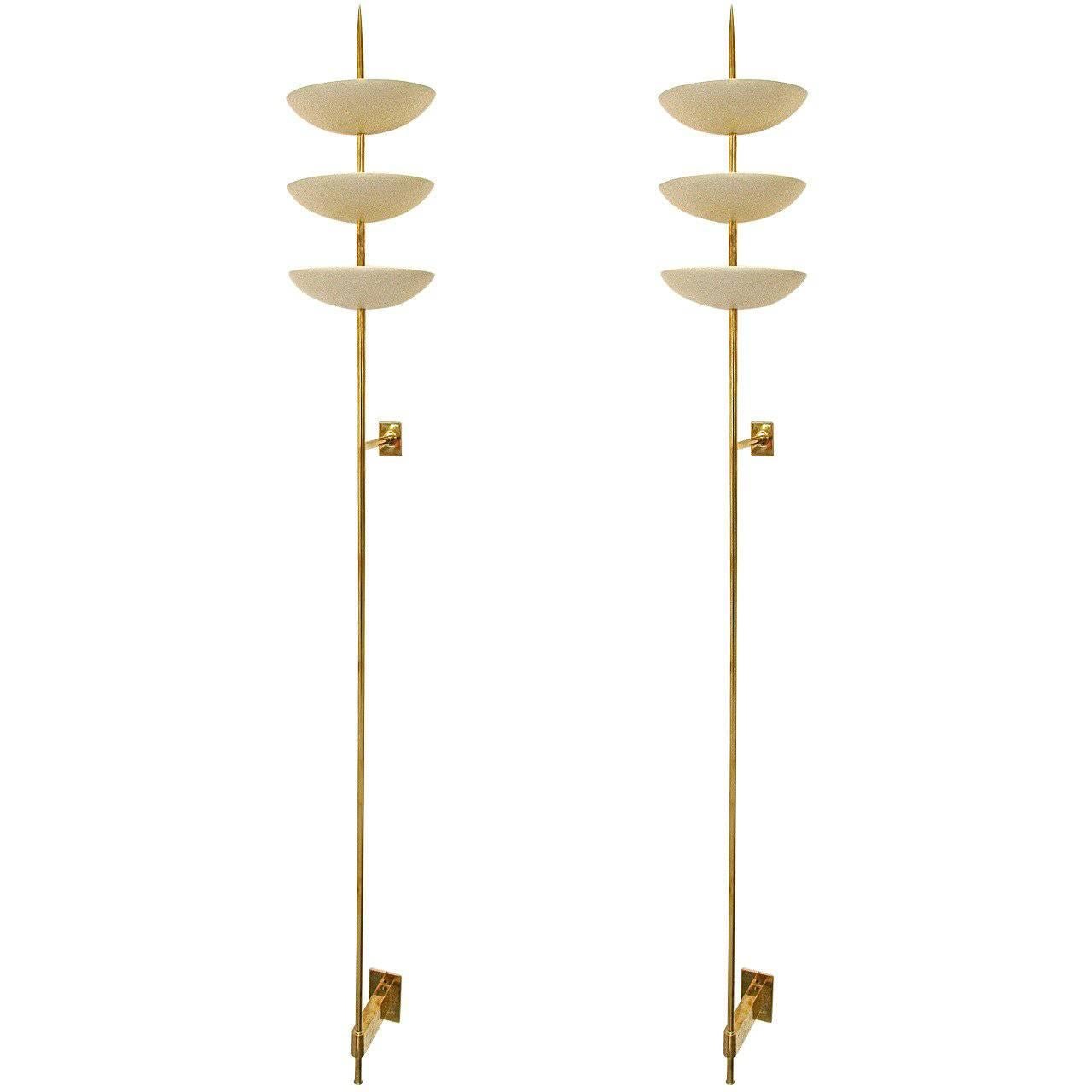 Large Brass and White Metal Bowl Wall Sconces in the Style of Stilnovo