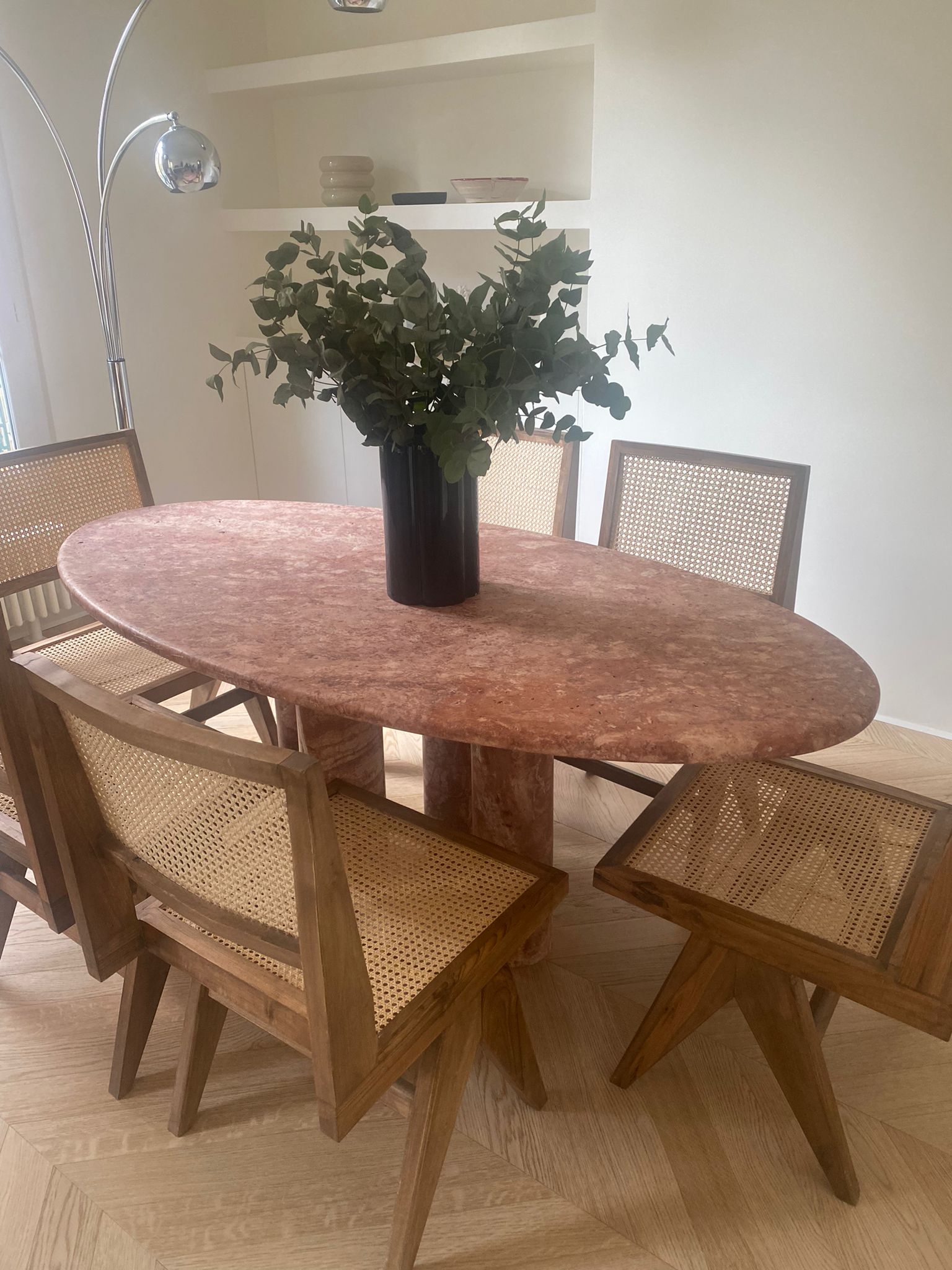 Unknown Oval Red Travertine Dining Table with Column Legs in the style of Mario Bellini  For Sale