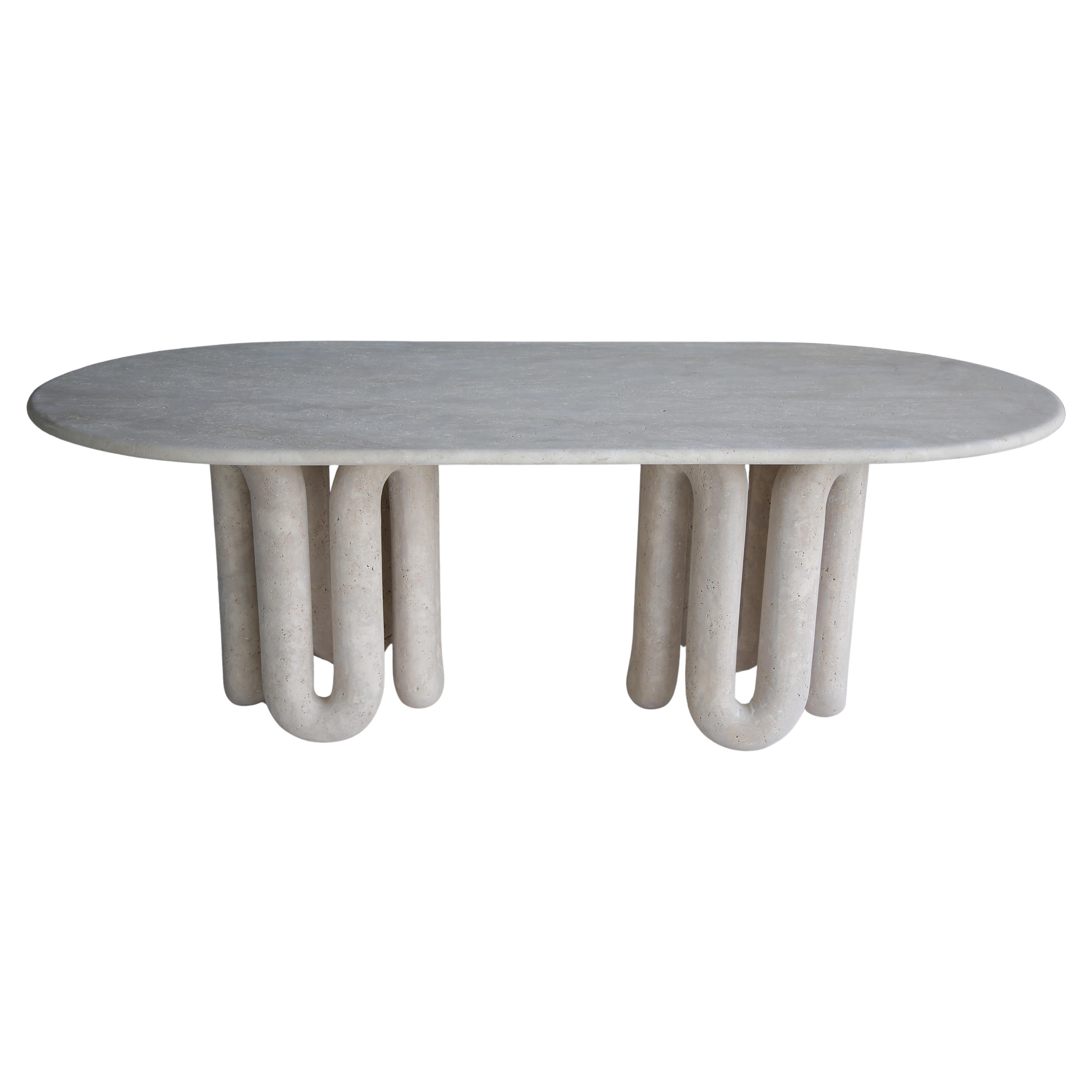 Organic Solid Travertine, or Marble - Oval Dining Table w/ Sculptural Stone Base For Sale