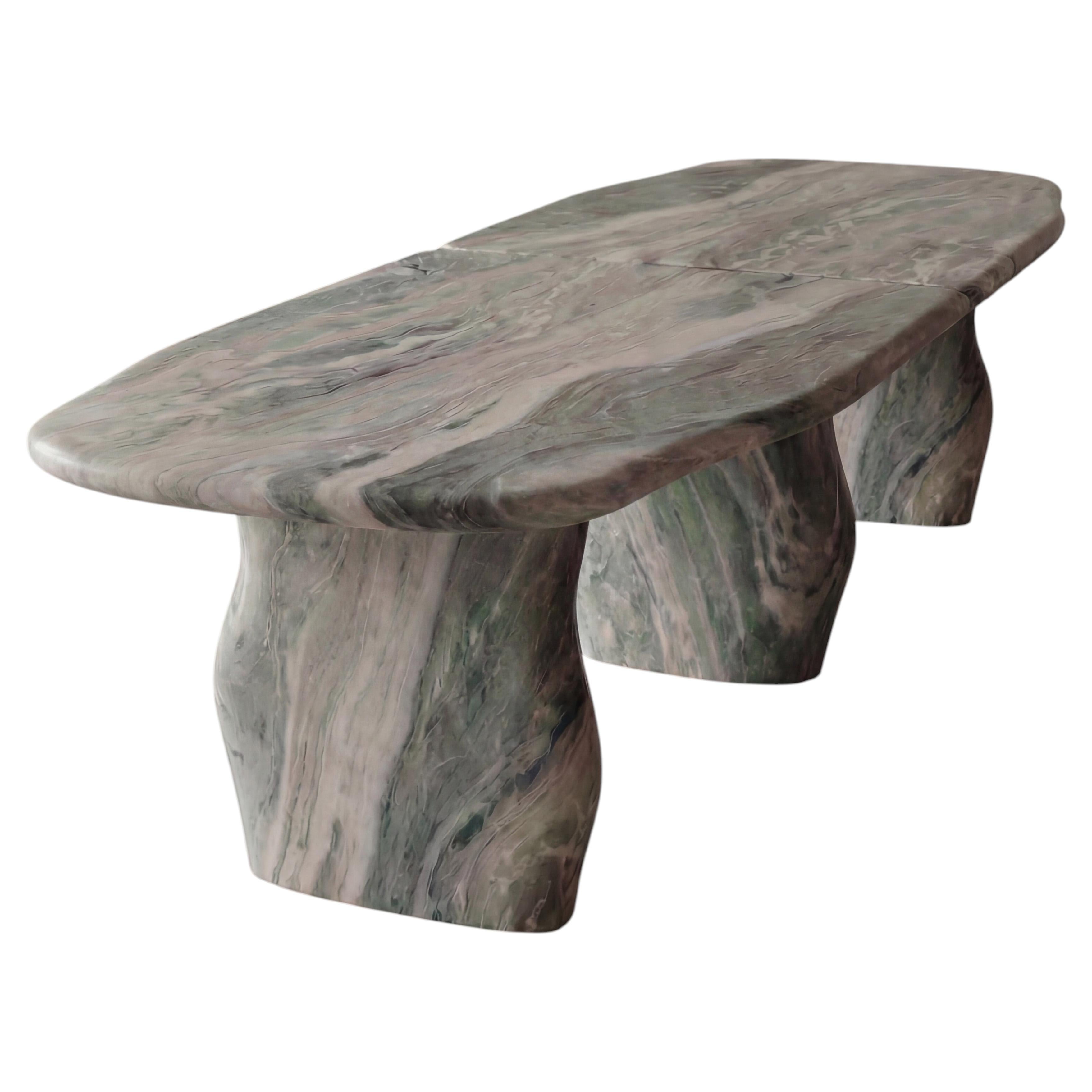 Organic Sculptural Marble X-Large Dining Table in Green, Cream, Grey Vein Stone