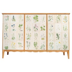 Armoire suédoise à 3 portes en orme avec illustrations de Nordens Flora, années 1950