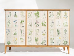 Armadio svedese a 3 ante in olmo con illustrazioni di flora di Nordens, anni '50
