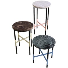 Three Small Side Tables with Marble Top and Iron Base