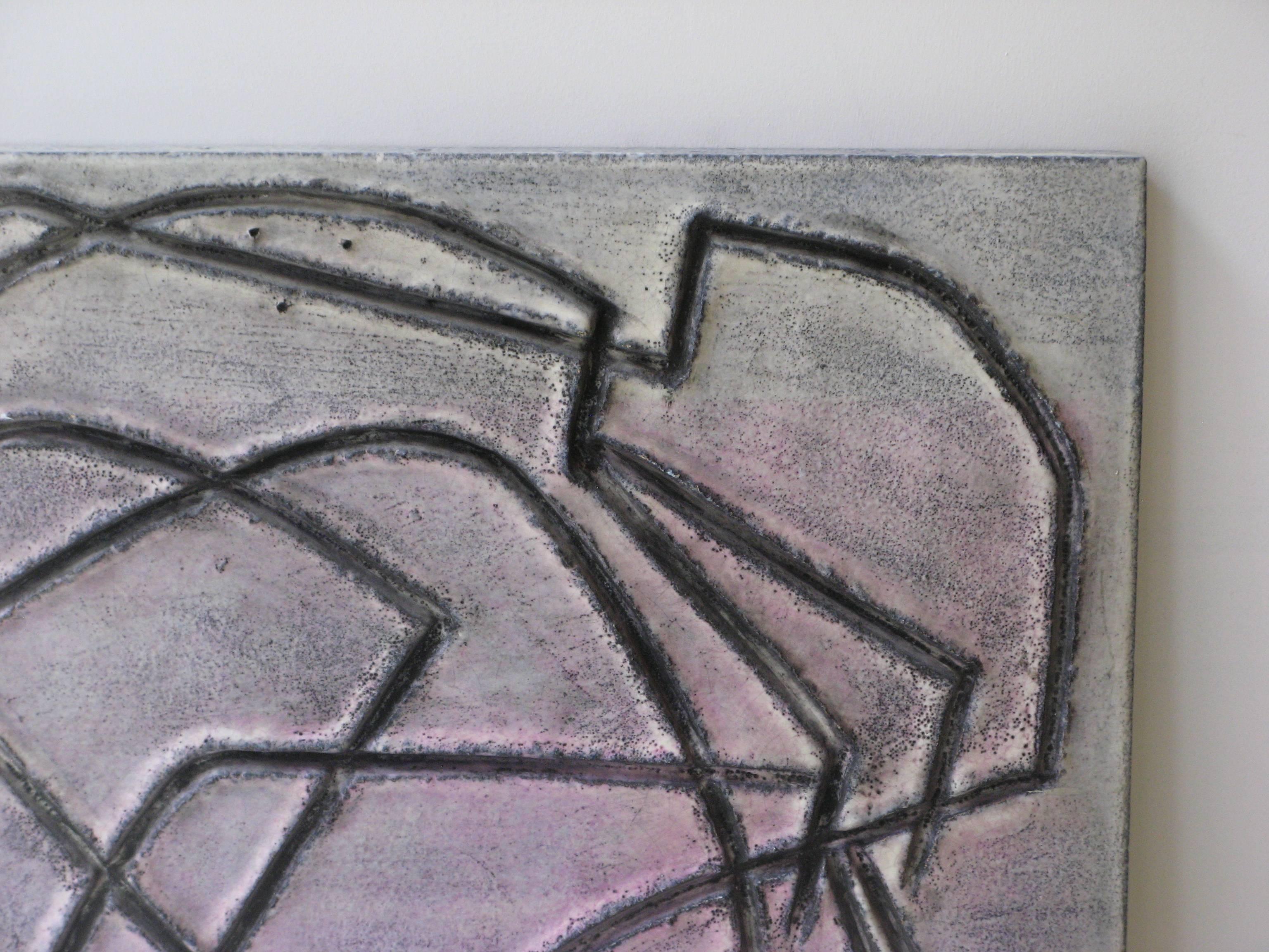 Abstract studio panel in ceramic in grey, rose, and powder shades by Marcello Fantoni, Italy, 9, 1915-2011, circa 1970.
Signed Fantoni.
Provenance: From an Italian collector.