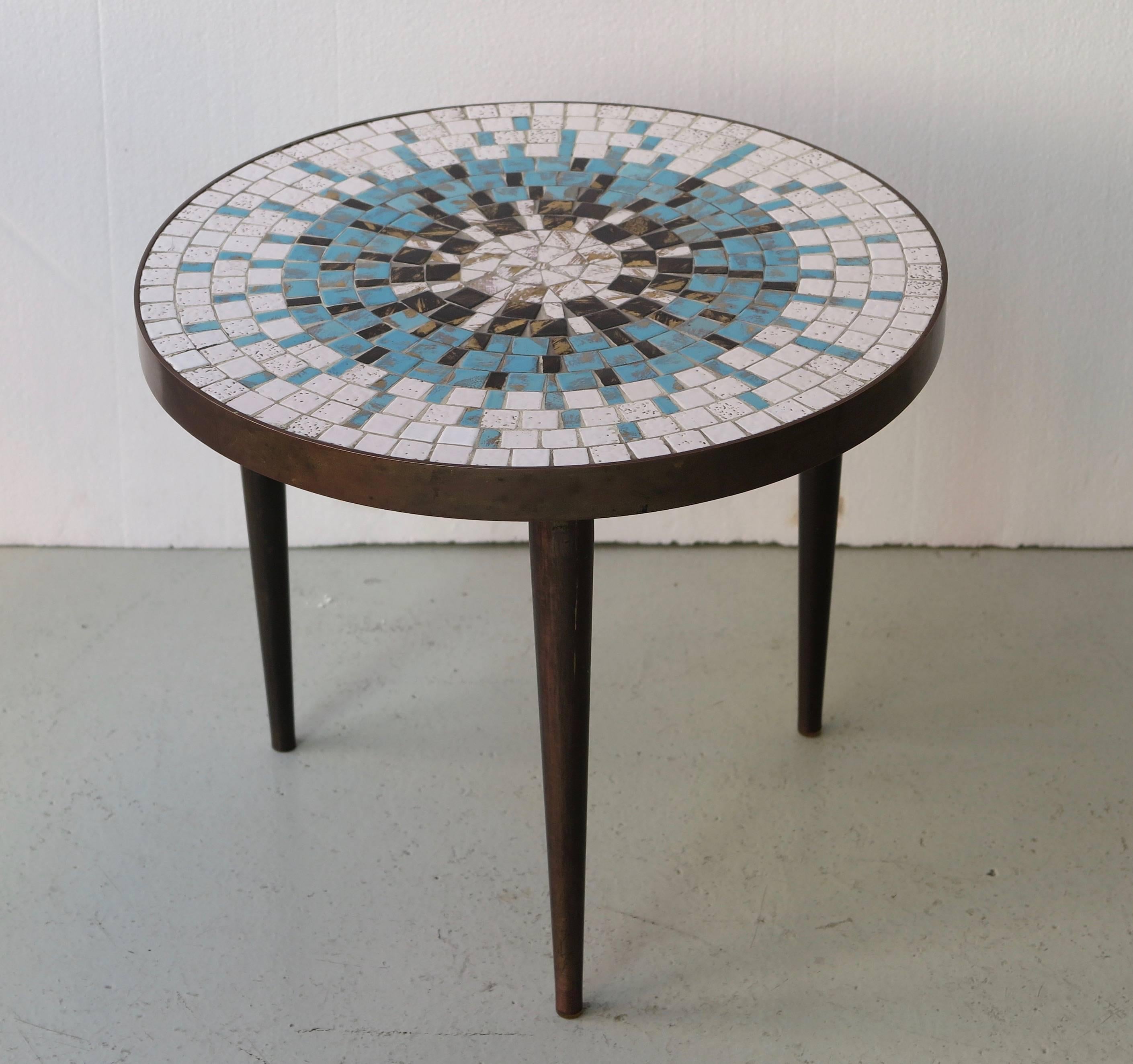 Small mosaic side table on three legs with handmade ceramic tiles and patinated brass frame by Luberto, circa 1950. Label underneath top.