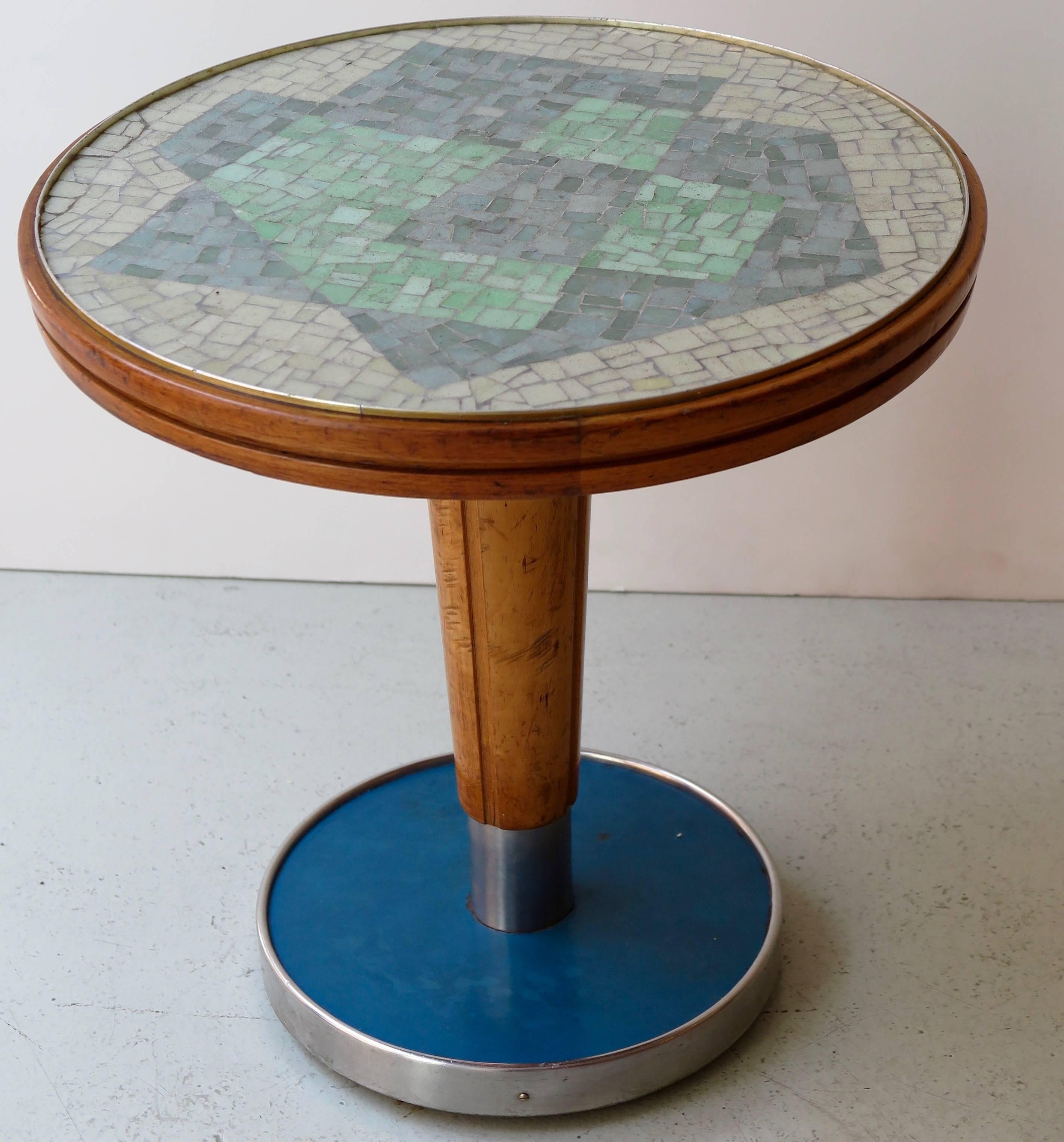 Side table in ash with mosaic top in beige / blue / green and blue base attributed to Gio Ponti (1891-1979) for the transatlantic ocean liner, Augustus, Italy, circa 1950.