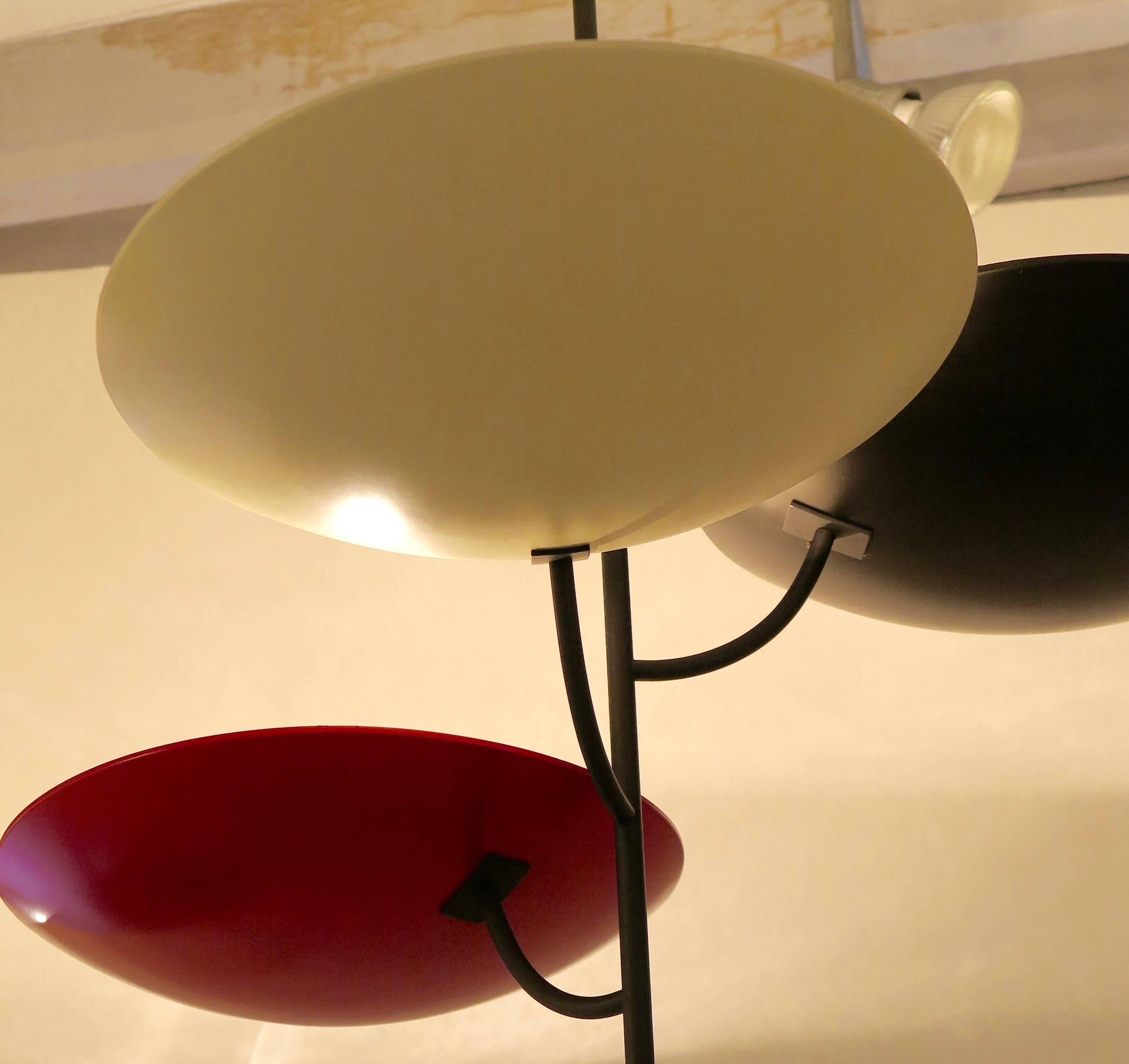 Mid-Century Modern Italian Three-Arm Ceiling Light in Red, Black and White Painted Brass