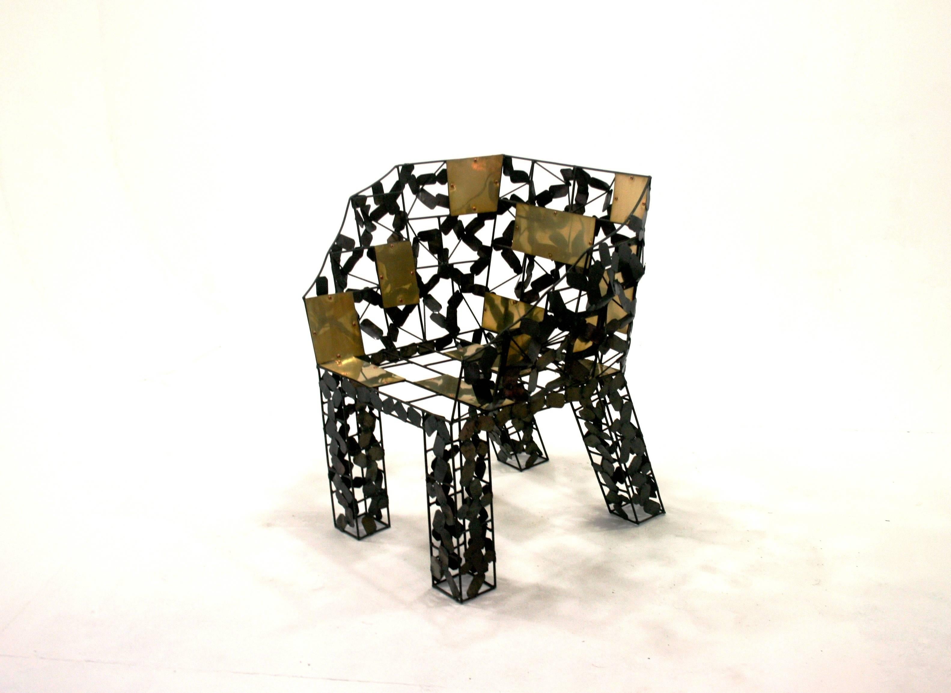 Functional art chair in blackened wrought iron with brass insets by artist Baltasar Portillo, El Salvador, 2016. Edition of one.
The 