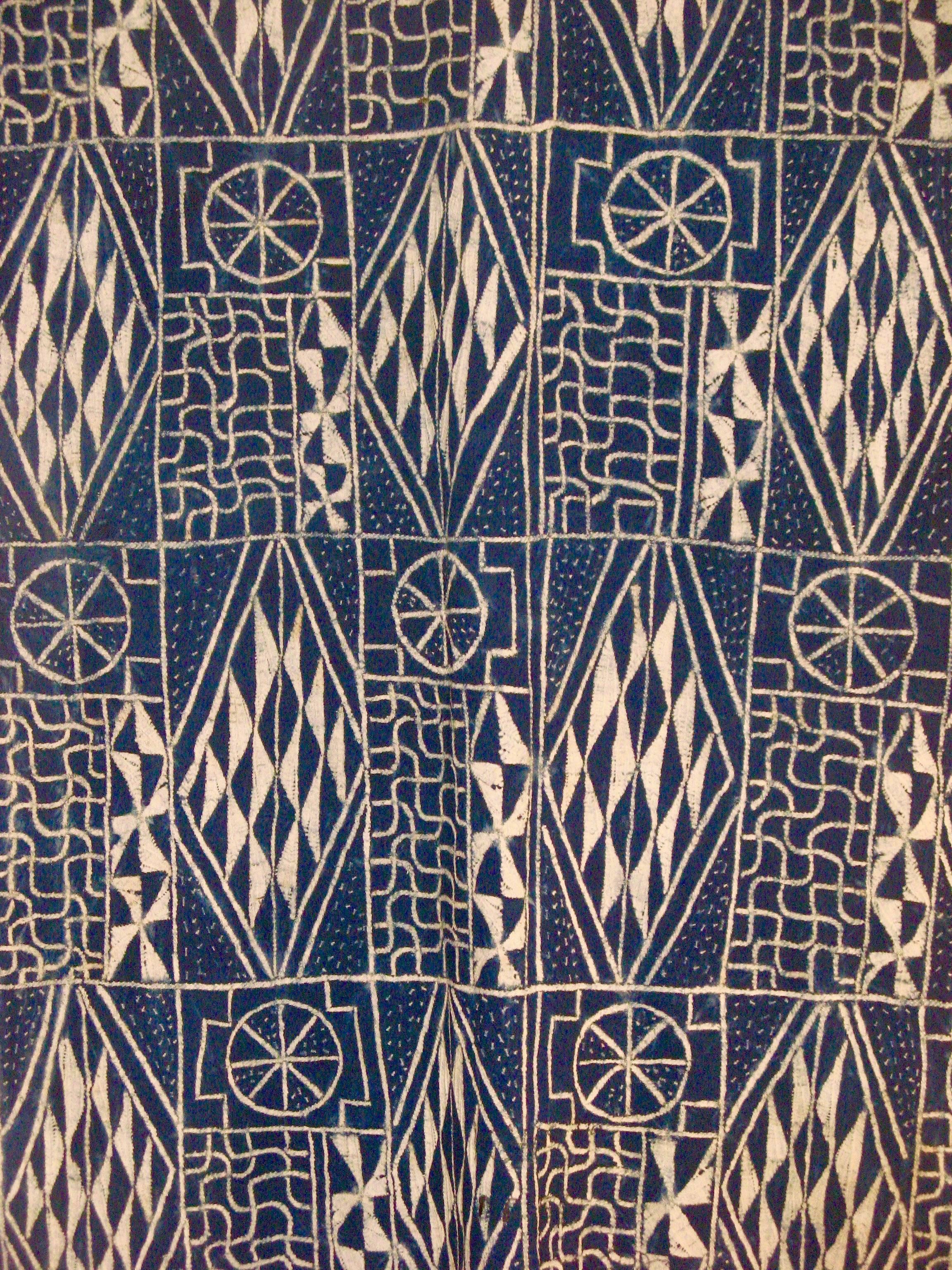 Ndop handwoven textile in cotton dyed indigo pigments using the resist, dye technique. This textile was used for kingship and funerals. Made in Bamileke, Bamum, Bamenda, Cameroon, circa 1970.