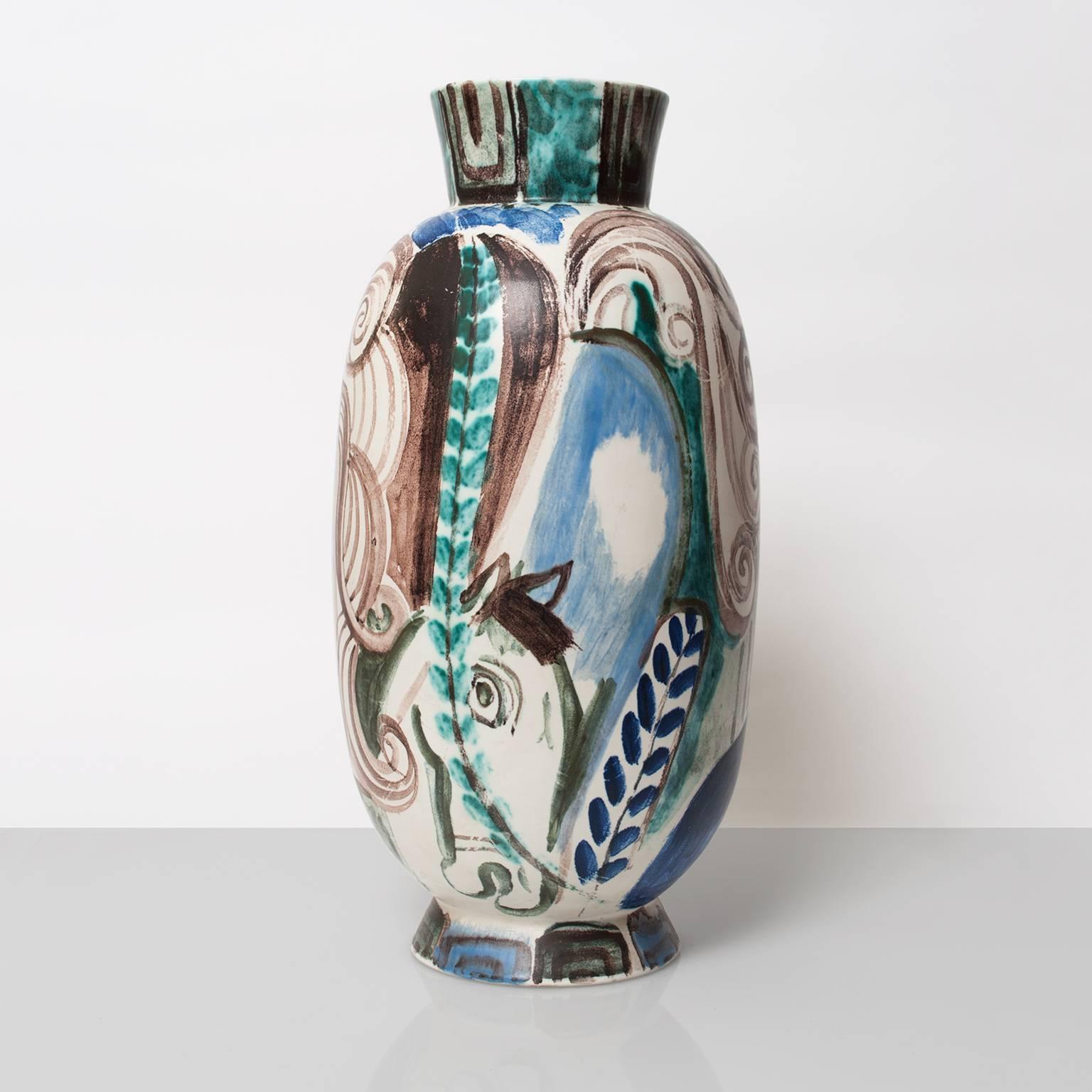 Large unique hand-painted ceramic vase by Carl Harry Stalhane for Rörstrand, Sweden, 1944 signed and dated.