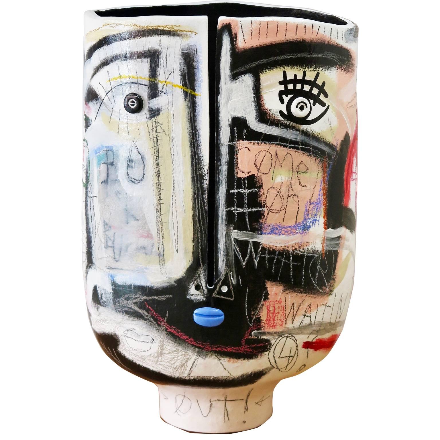 Unique matched huge painted ceramic vases / sculptures by atelier Dalo (ceramic and Gregoire Devin (paintings) France, 2017. The paintings are acrylics, oil on ceramics and are inspired by Warhol, Picasso, Basquiat, Streetart and French ceramics