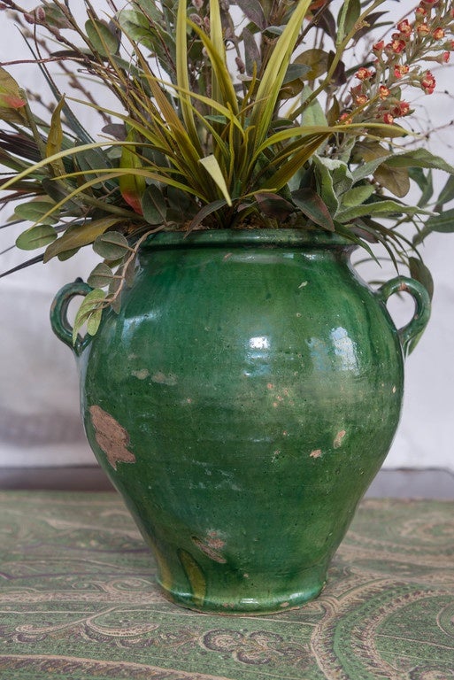 French Exquisite Rustic Green Glazed Terracotta Jardinièr with Faux Floral Display For Sale