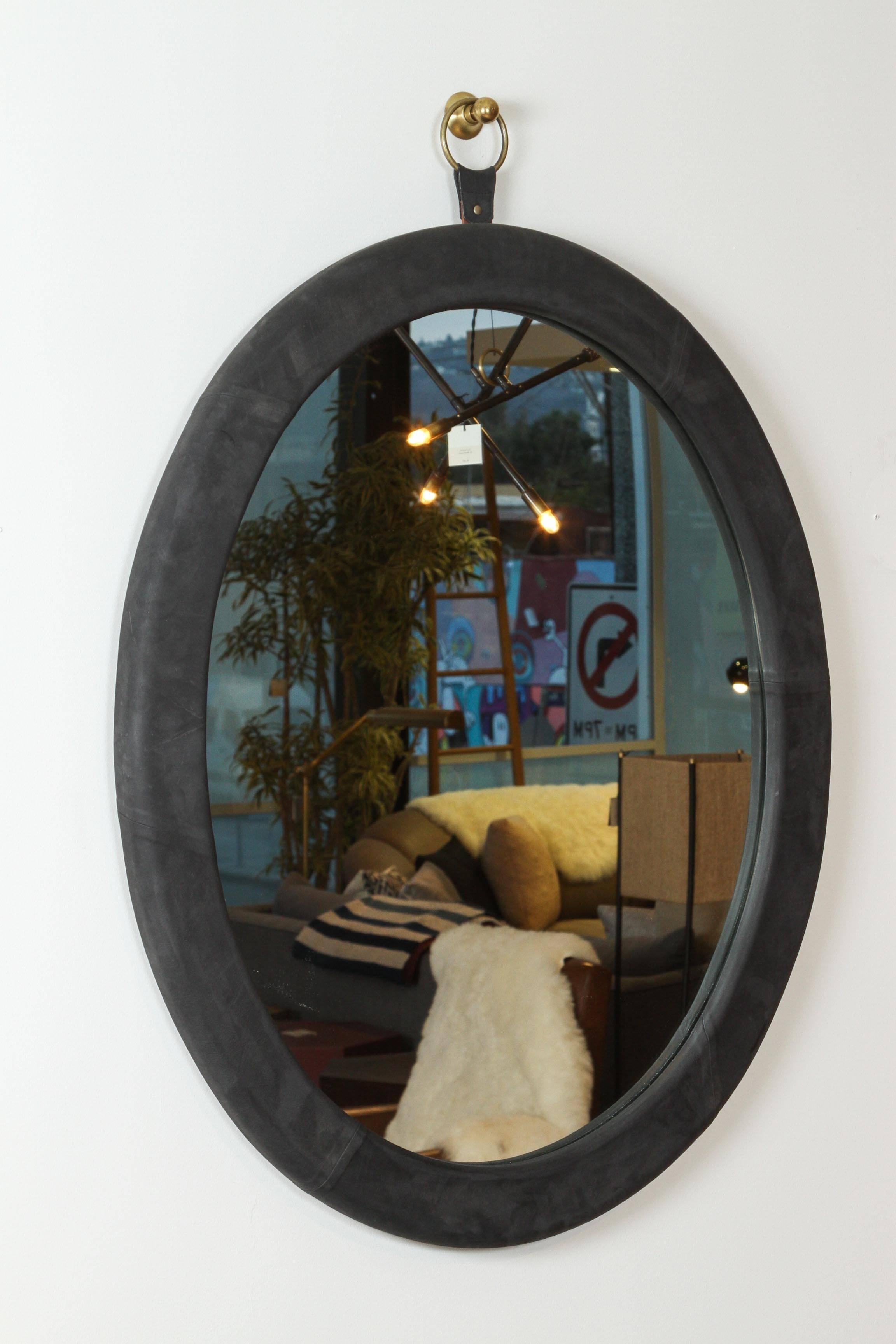 Leather Oval Mirror by Jason Koharik for Collected by In Excellent Condition In Los Angeles, CA