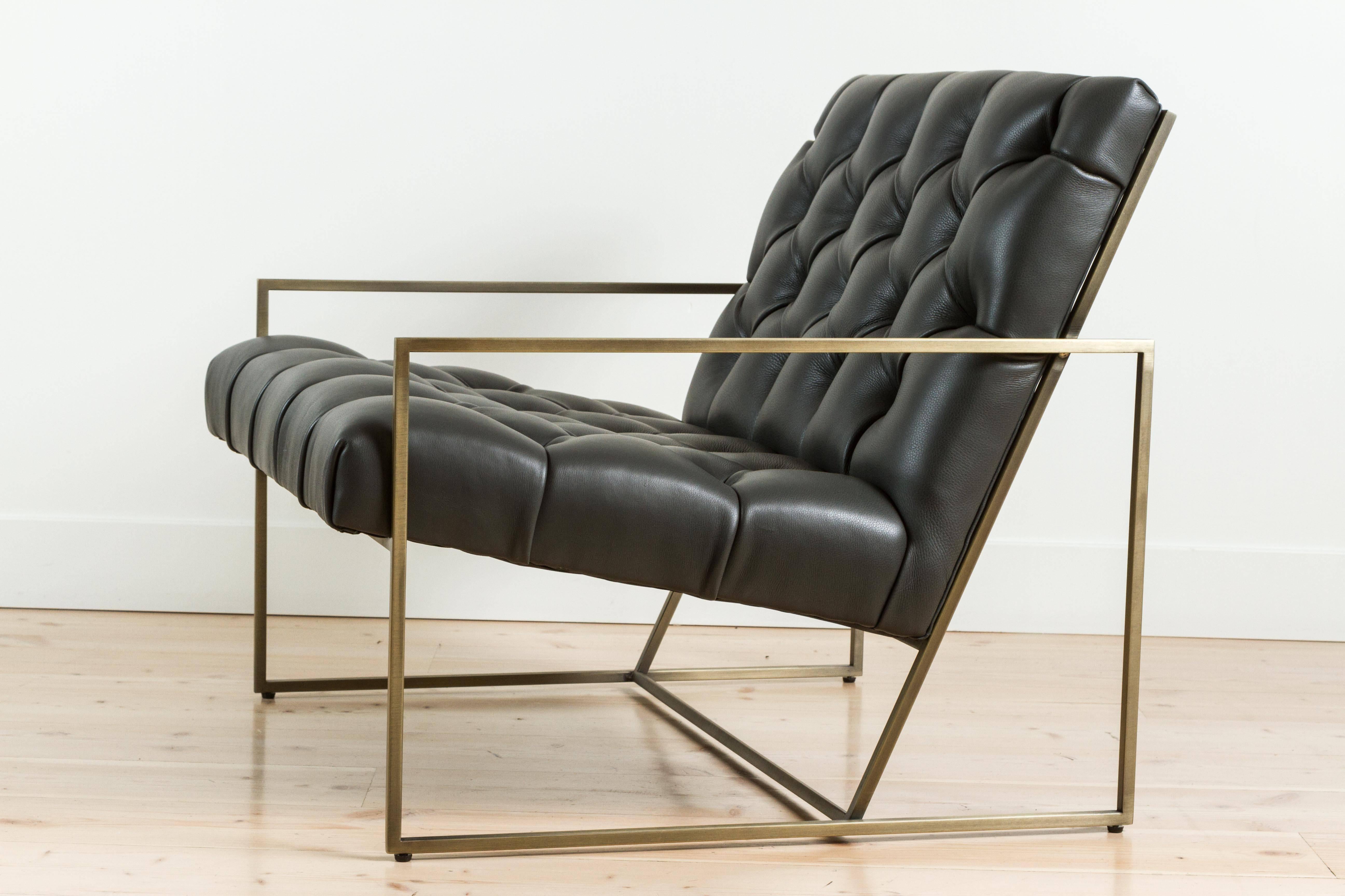 American Thin Frame Lounge Chair in Diamond Tufted Charcoal Leather by Lawson-Fenning