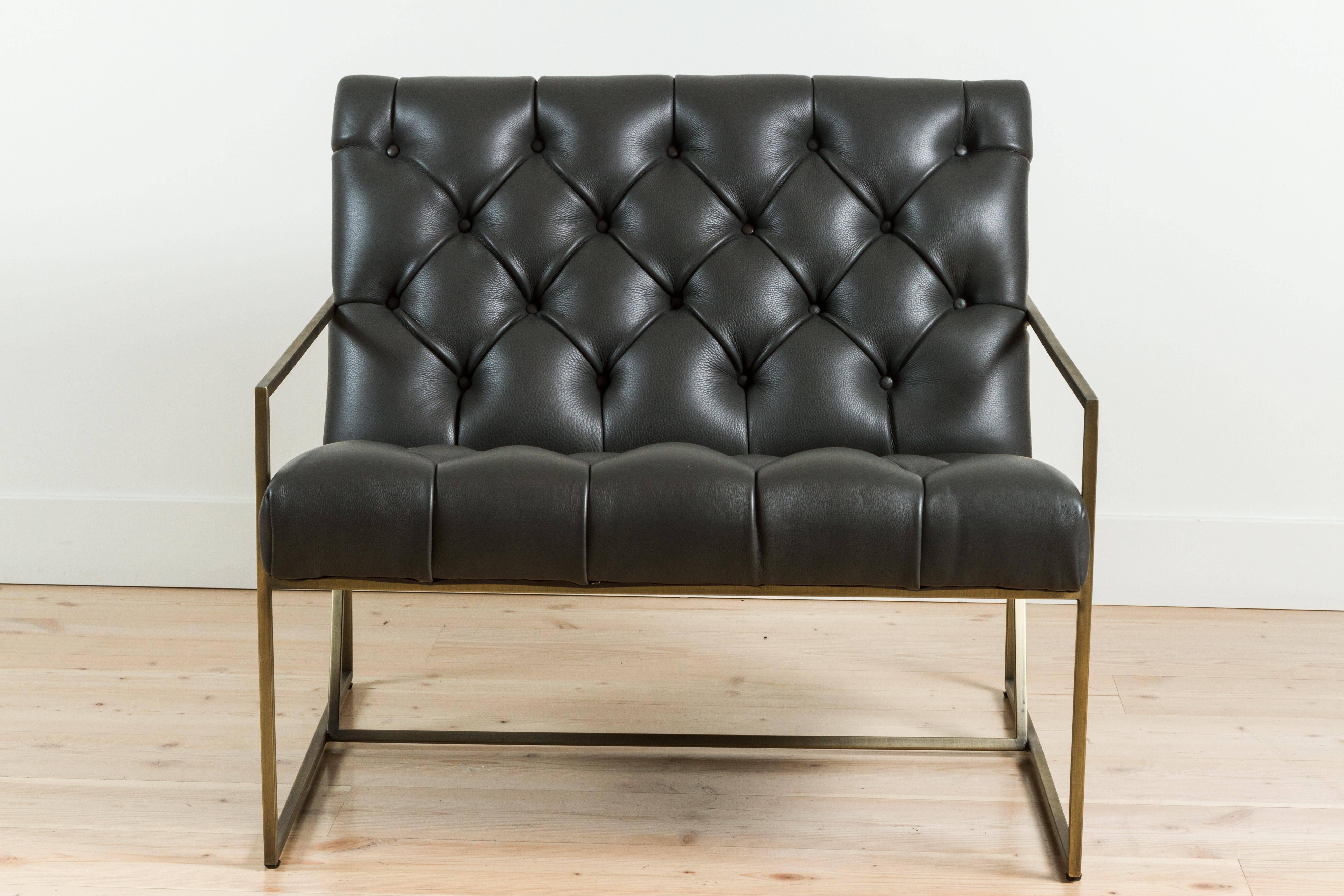 Contemporary Thin Frame Lounge Chair in Diamond Tufted Charcoal Leather by Lawson-Fenning
