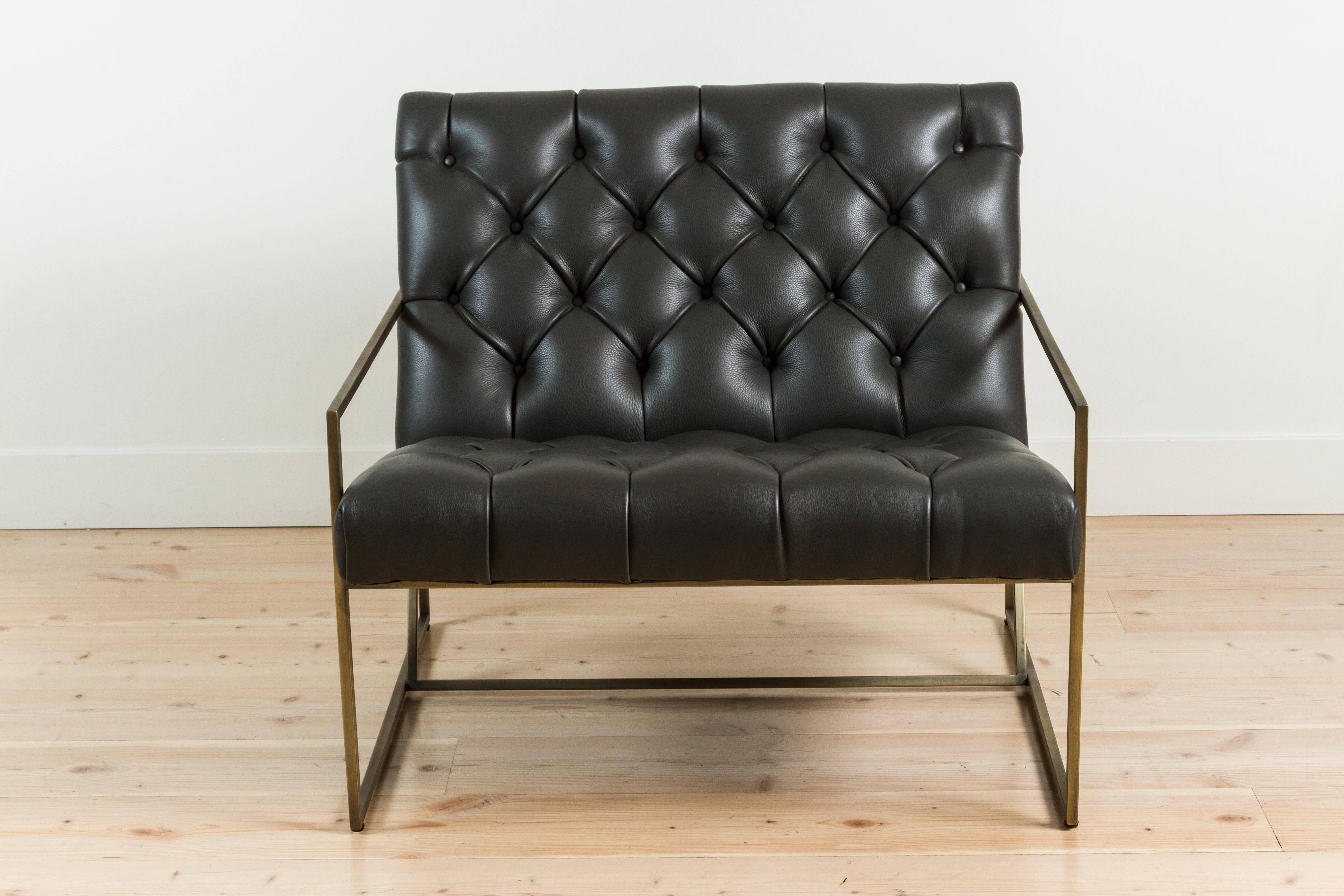 Brass Thin Frame Lounge Chair in Diamond Tufted Charcoal Leather by Lawson-Fenning