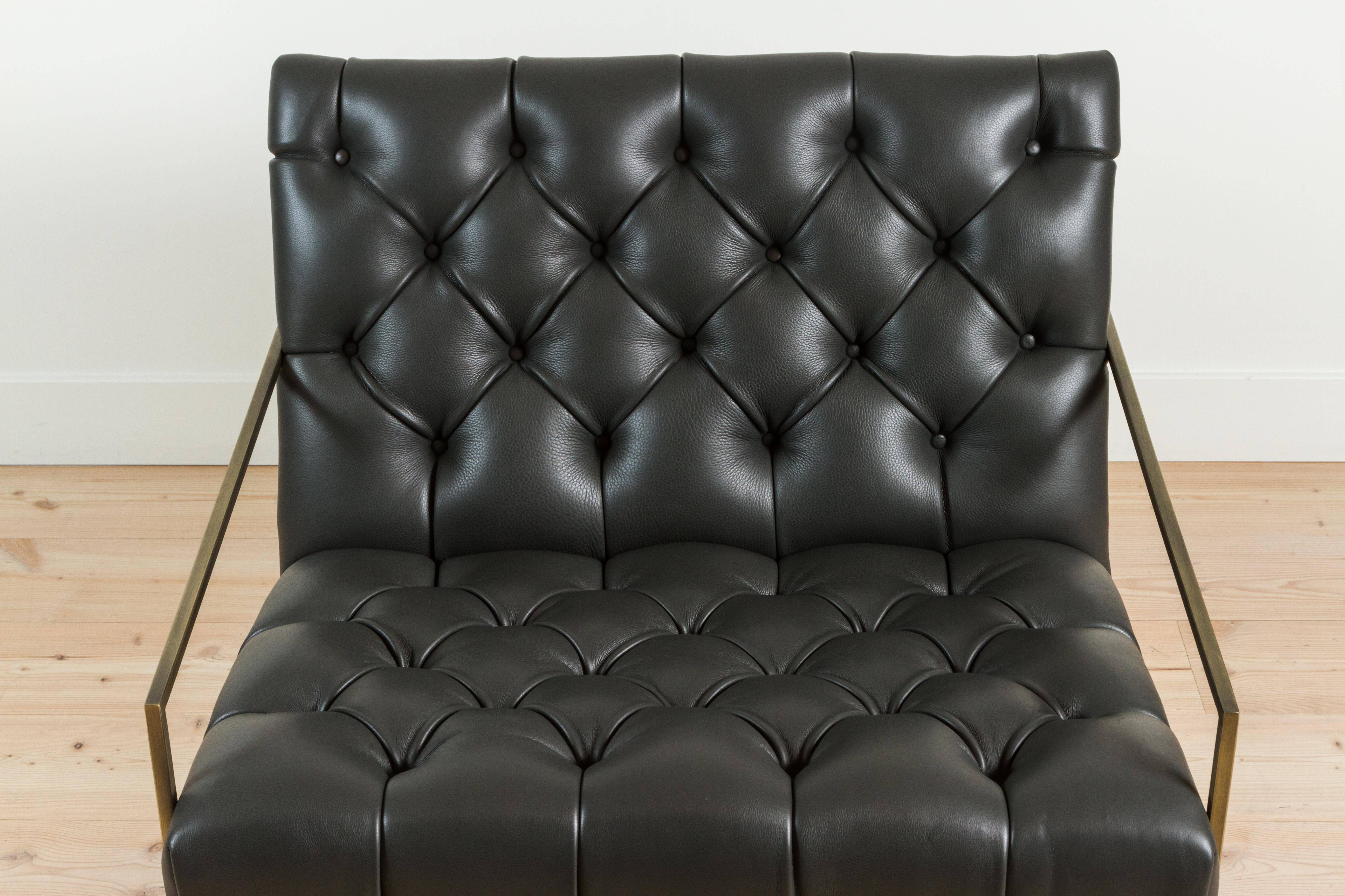 Thin Frame Lounge Chair in Diamond Tufted Charcoal Leather by Lawson-Fenning 1