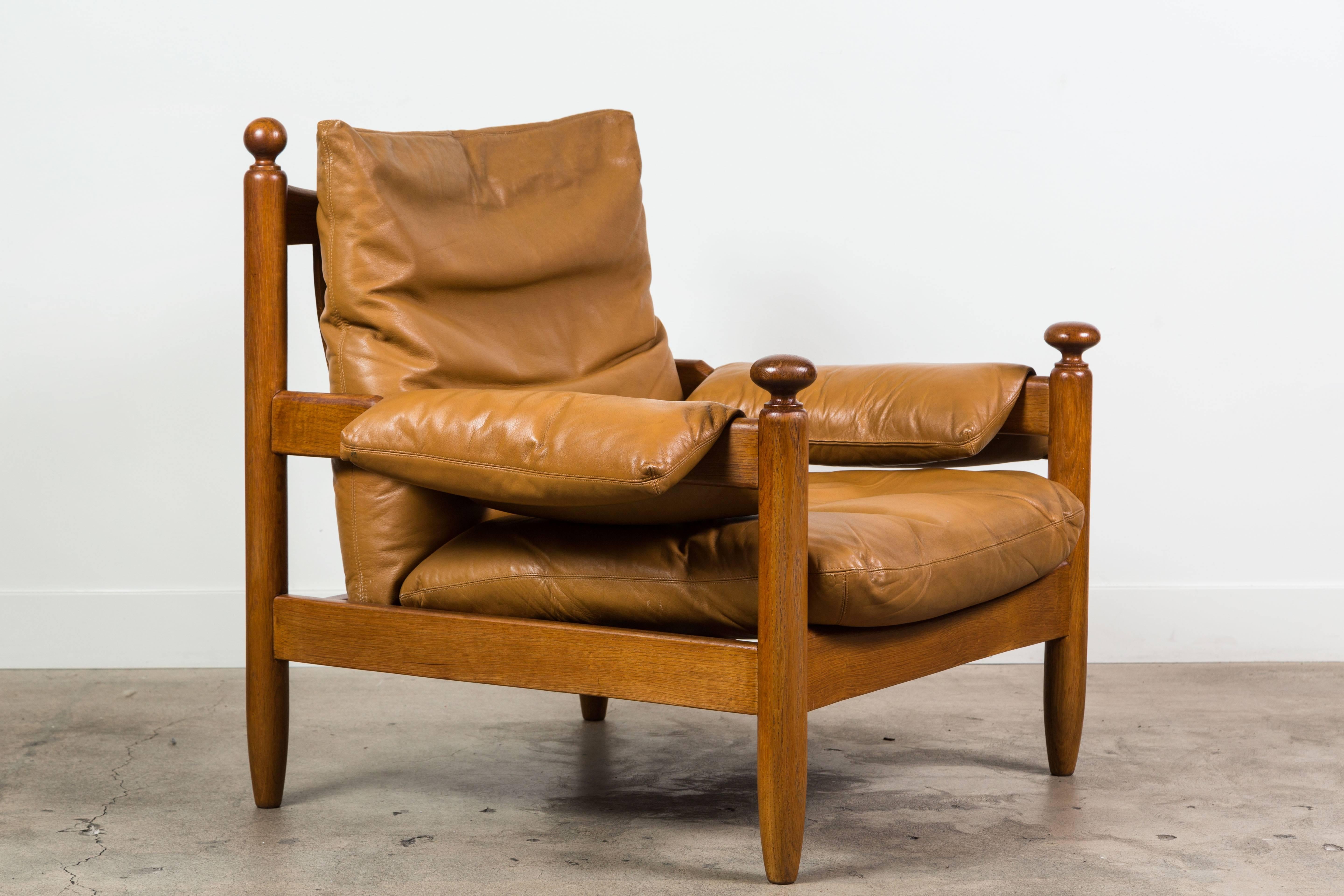 Mid-Century Modern Oak and Leather Armchair in the Style of Maurice Pre