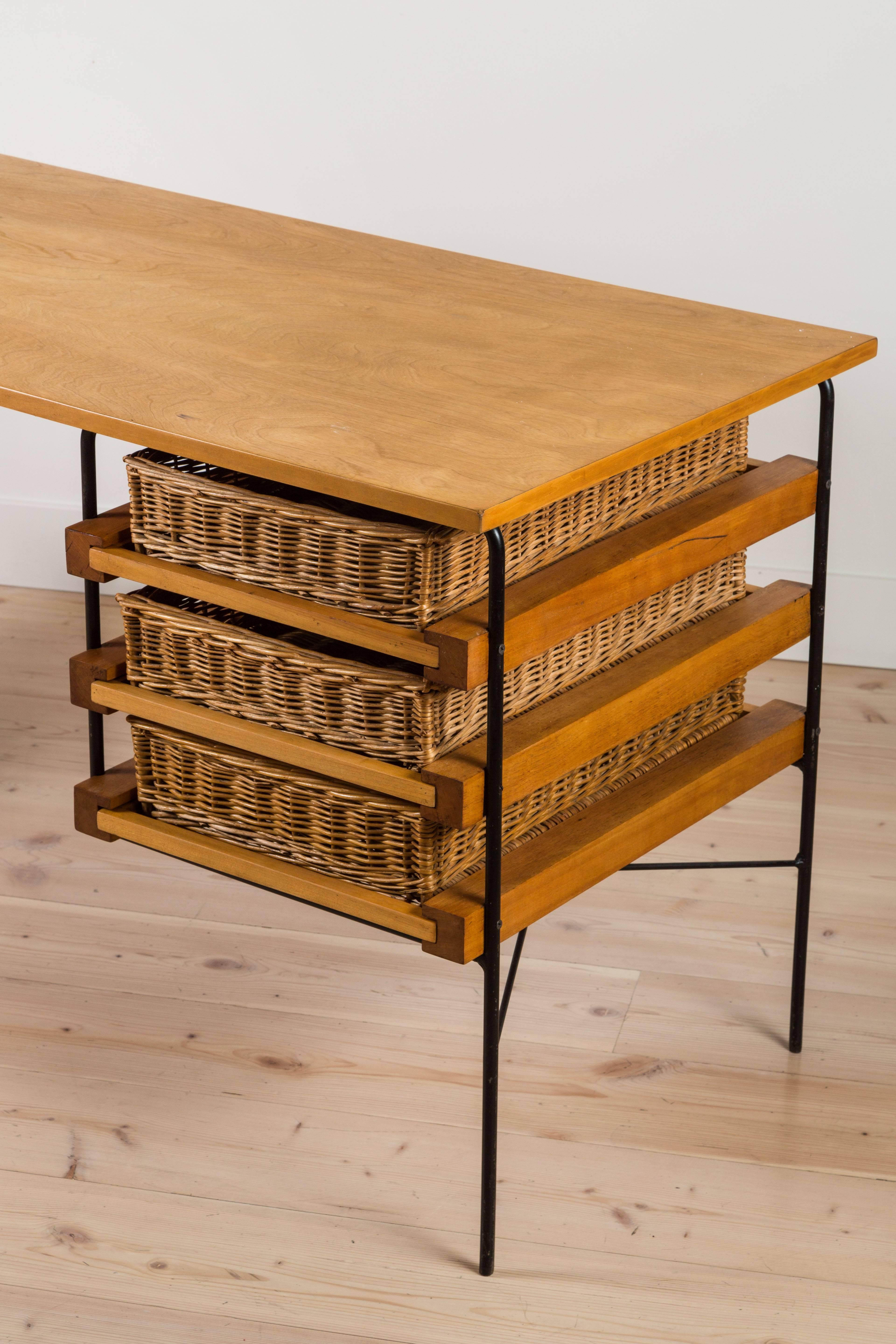 Rattan Iron and Maple Desk by Dorothy Schindele for Modern Color CA