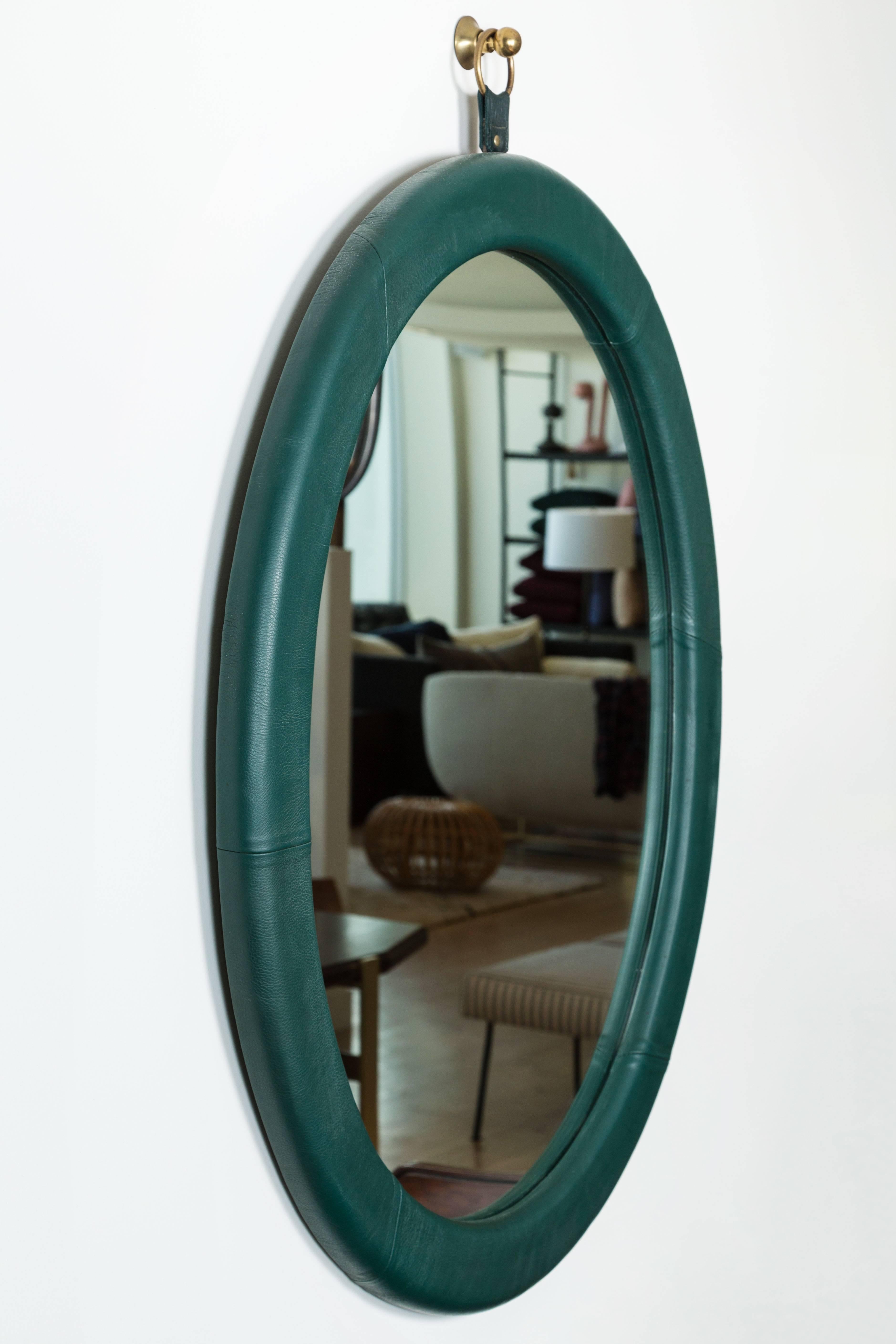 Mid-Century Modern Leather Oval Mirror by Jason Koharik for Collected by