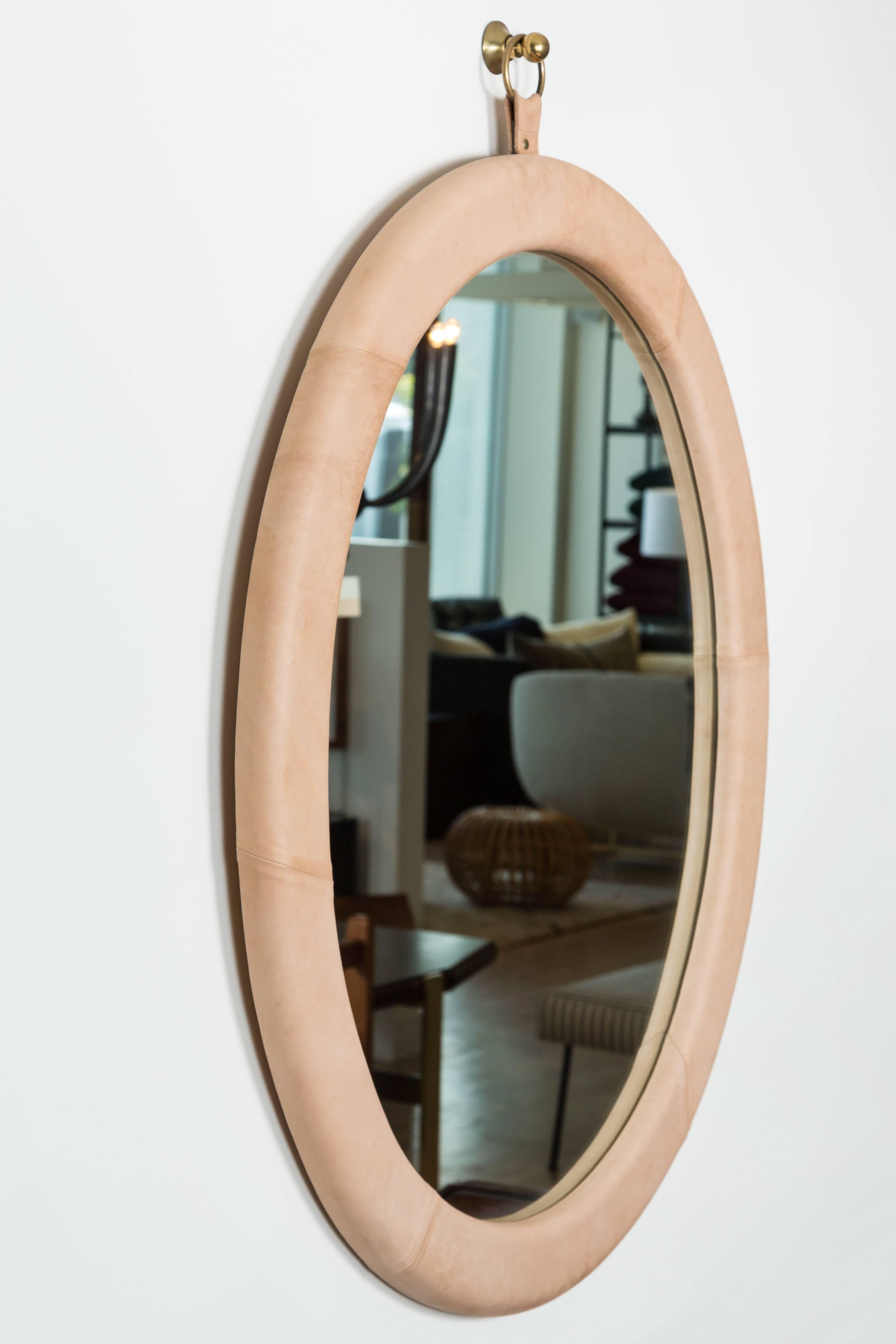 Leather oval mirror by Jason Koharik for Collected By.