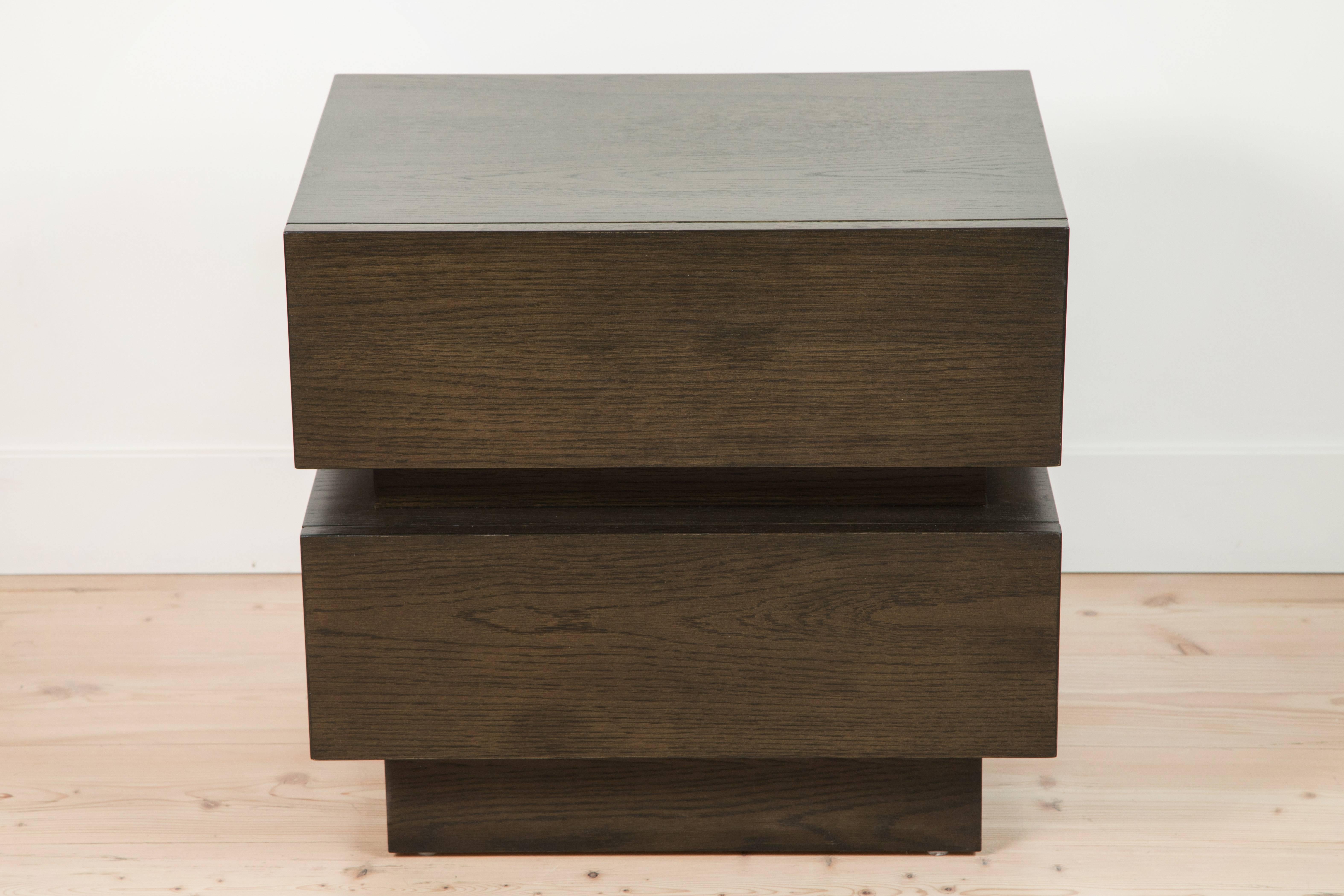 Pair of small stacked box nightstands by Lawson-Fenning in light greywashed oak.

Also available to order in various finishes with a 10-12 week lead time.