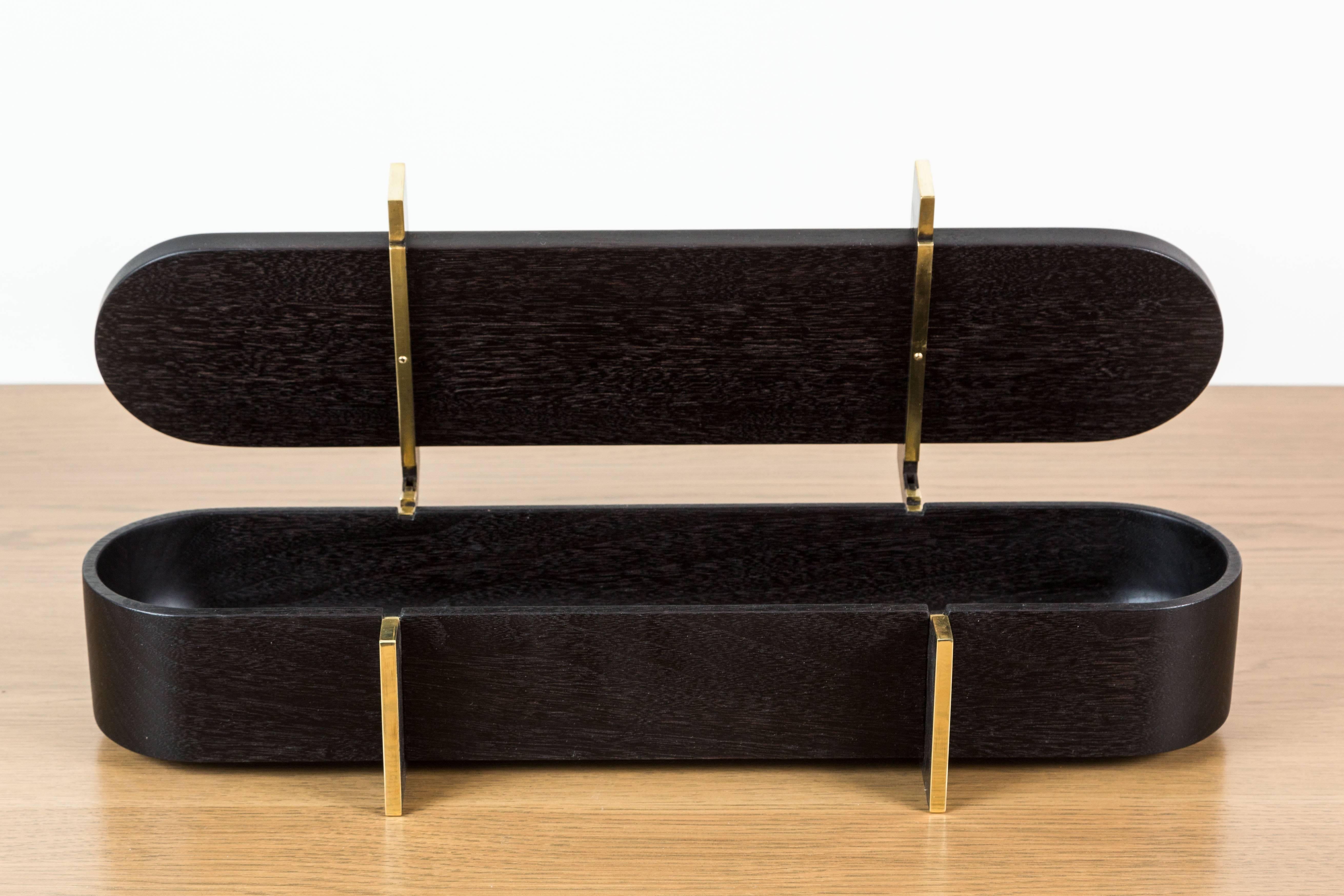 Ebonized Walnut and Brass Lidded Box by Artist Vincent Pocsik in collaboration with Lawson-Fenning. Features a sculptural carved wood interior. Made of natural materials, this decorative object can be accessorized on table top, book shelf, or desk