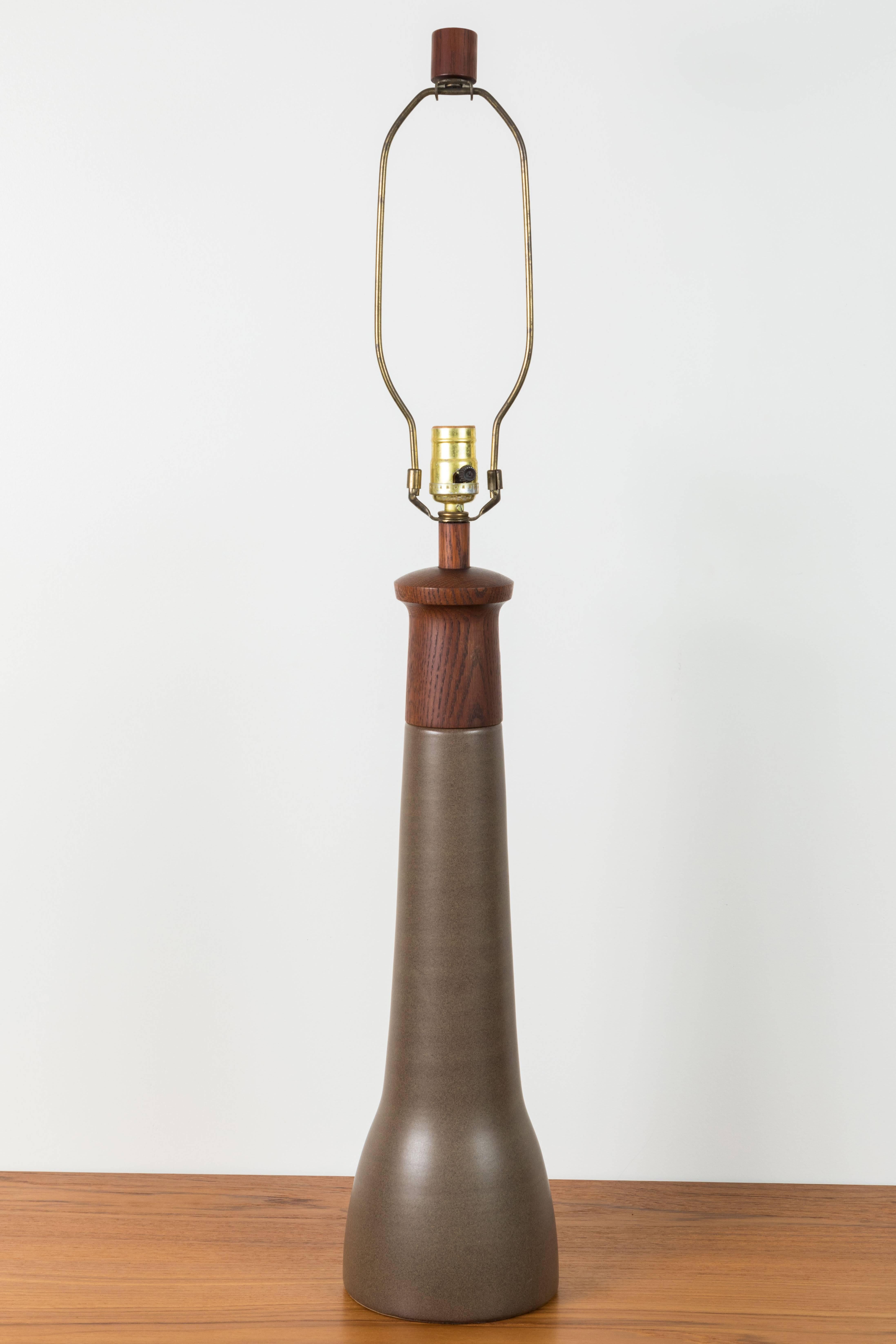 American Pair of Teak and Ceramic Lamps by Martz