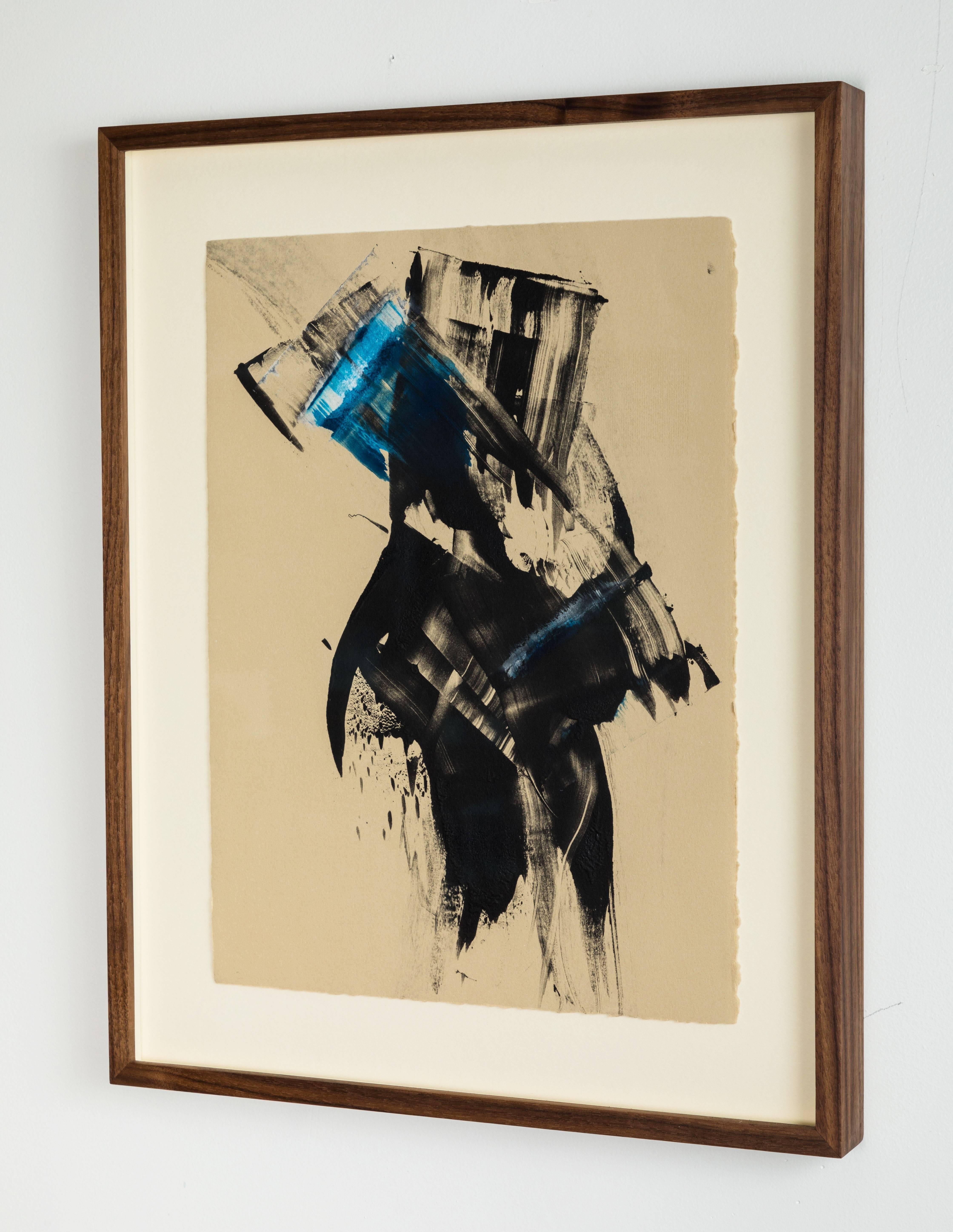 Mid-Century Modern Blue Black Abstract Monoprint by Anna Ullman