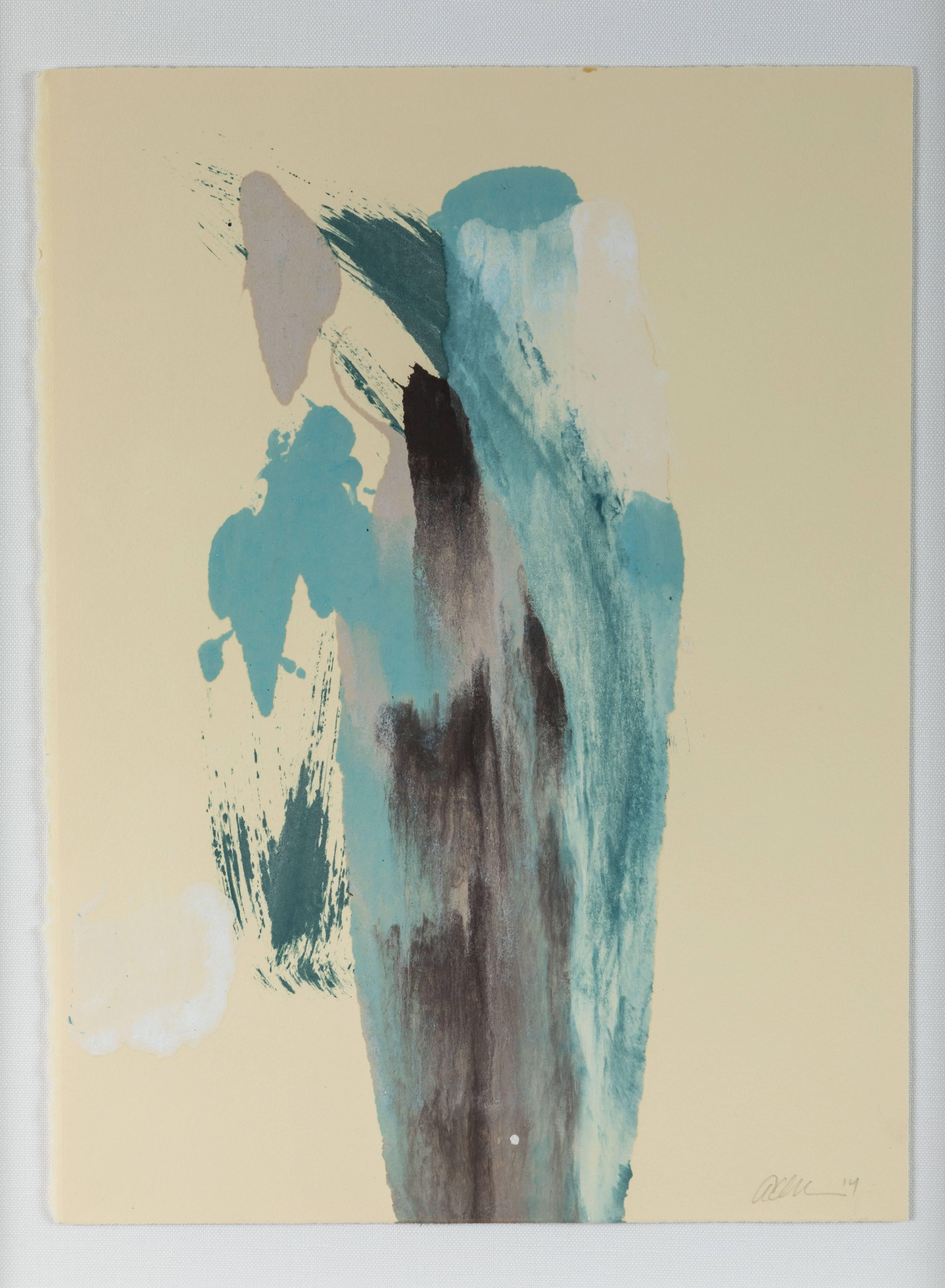 Mid-Century Modern Blue Brown Abstract Monoprint by Anna Ullman