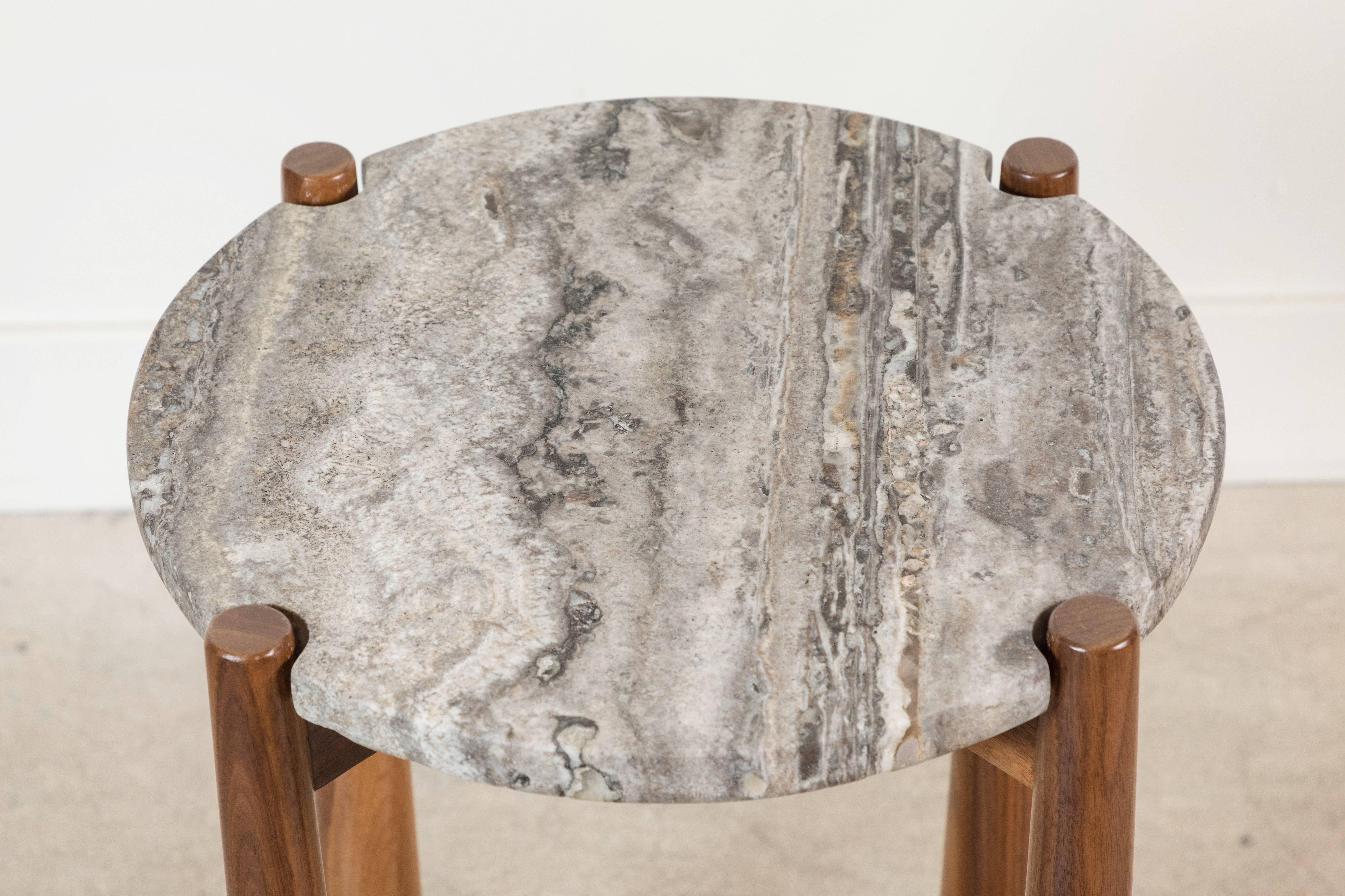 Contemporary Travertine and Walnut Bronson Drinks Table by Lawson-Fenning