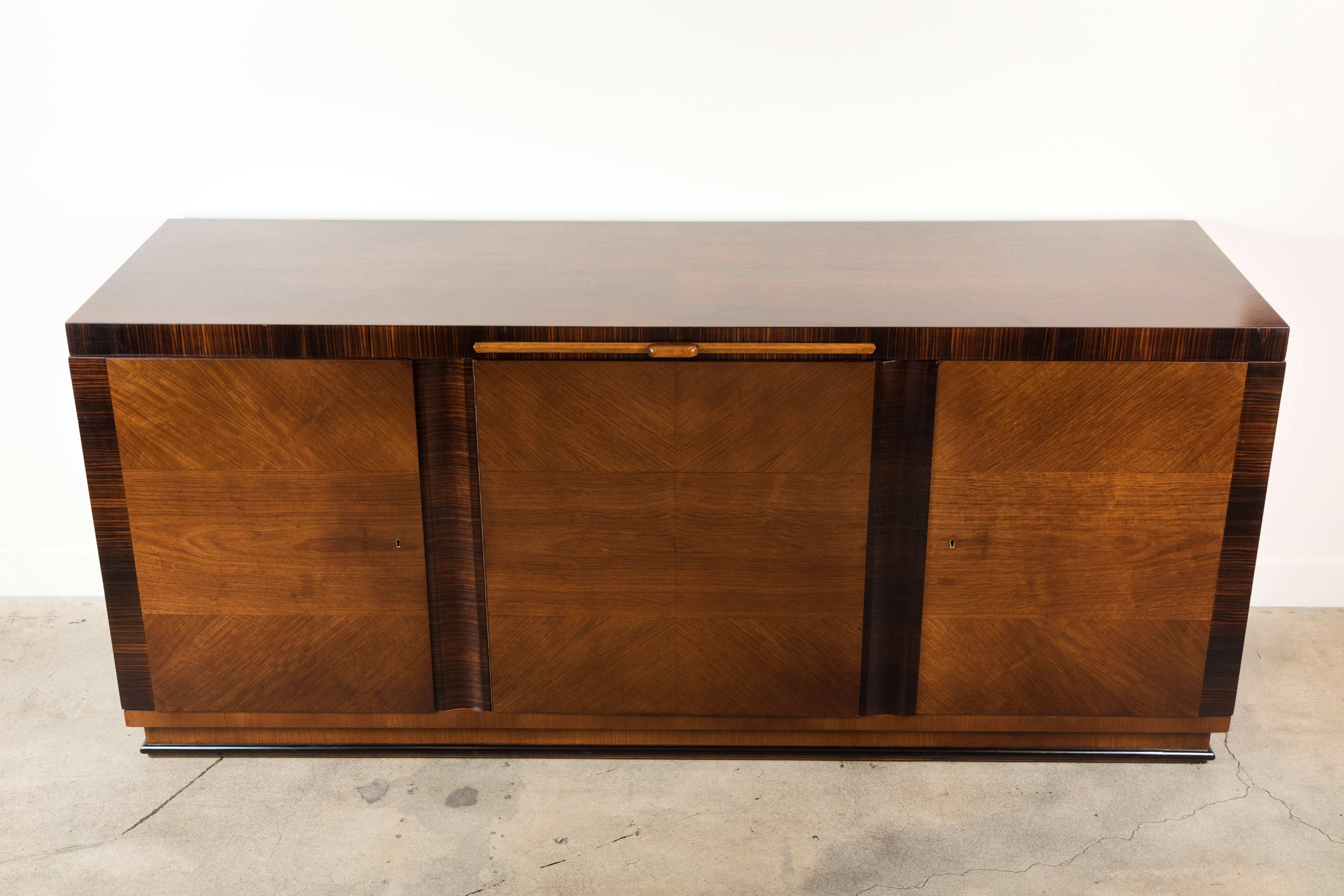 German Art Deco rosewood and fruitwood sideboard with pull-out marble topped server.