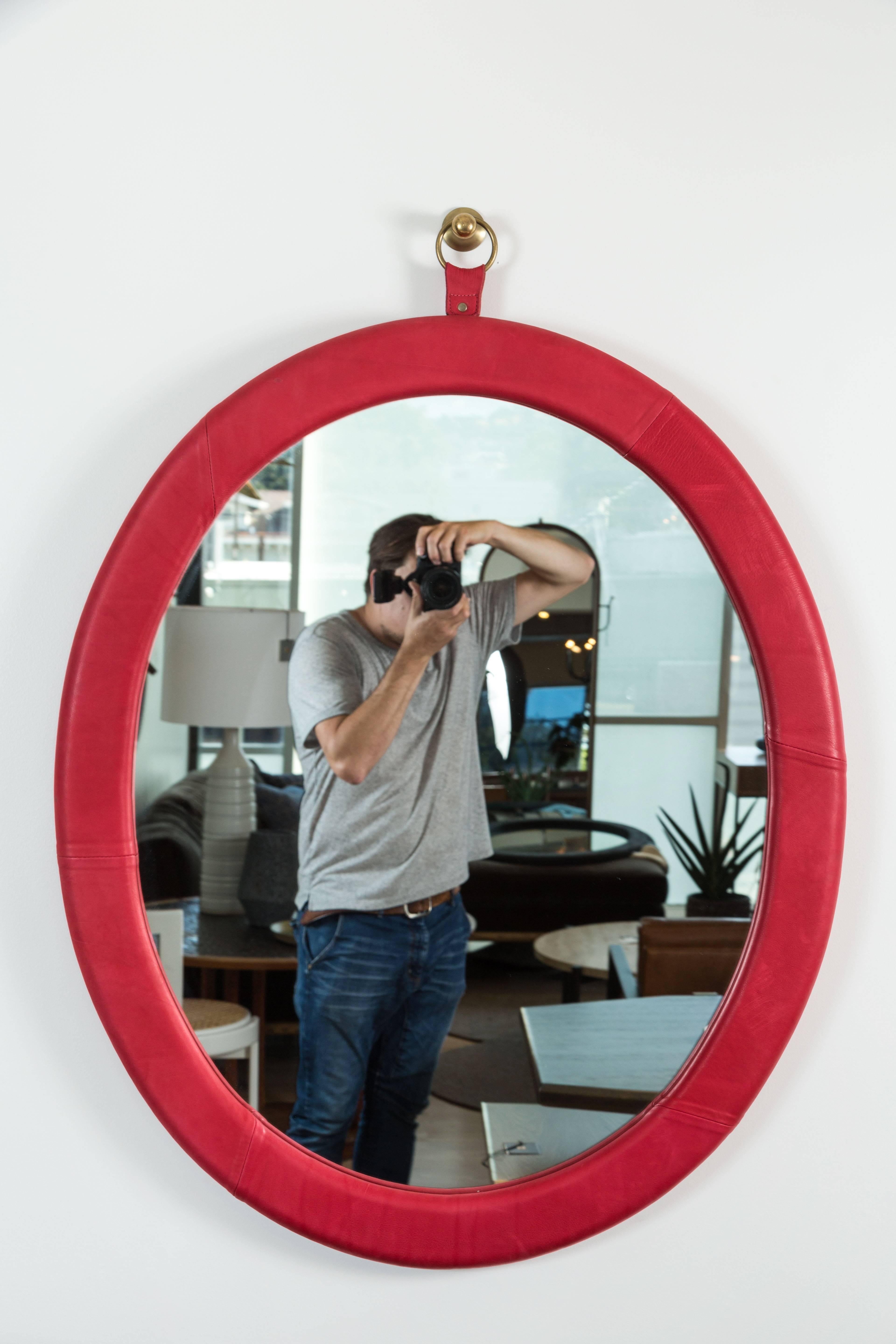 Mid-Century Modern Oval Leather Mirror by Jason Koharik for Collected by for Lawson-Fenning