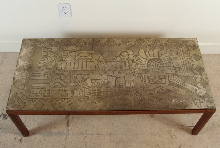 Mid-20th Century Italian Etched Brass Top Coffee Table Imported by John Stuart, Nyc