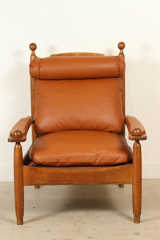 Mid-Century Modern Pair of Oak and Leather Armchairs by Guillerme et Chambron