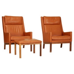 Pair of Leather and Rosewood Chairs and Stool by Kai Lyngfeldt Larsen