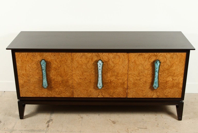 Burl cabinet with enameled handles by Harold Schwartz for Romweber.