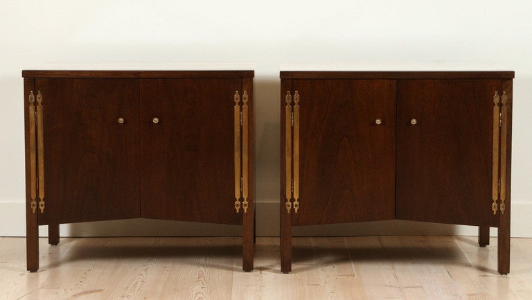 Pair of marble topped nightstands by Burt England for Johnson Furniture.