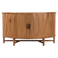 Lawson-Fenning Griffin Console, Oak Parquet & Brass, Modern Demilune Entry Table
